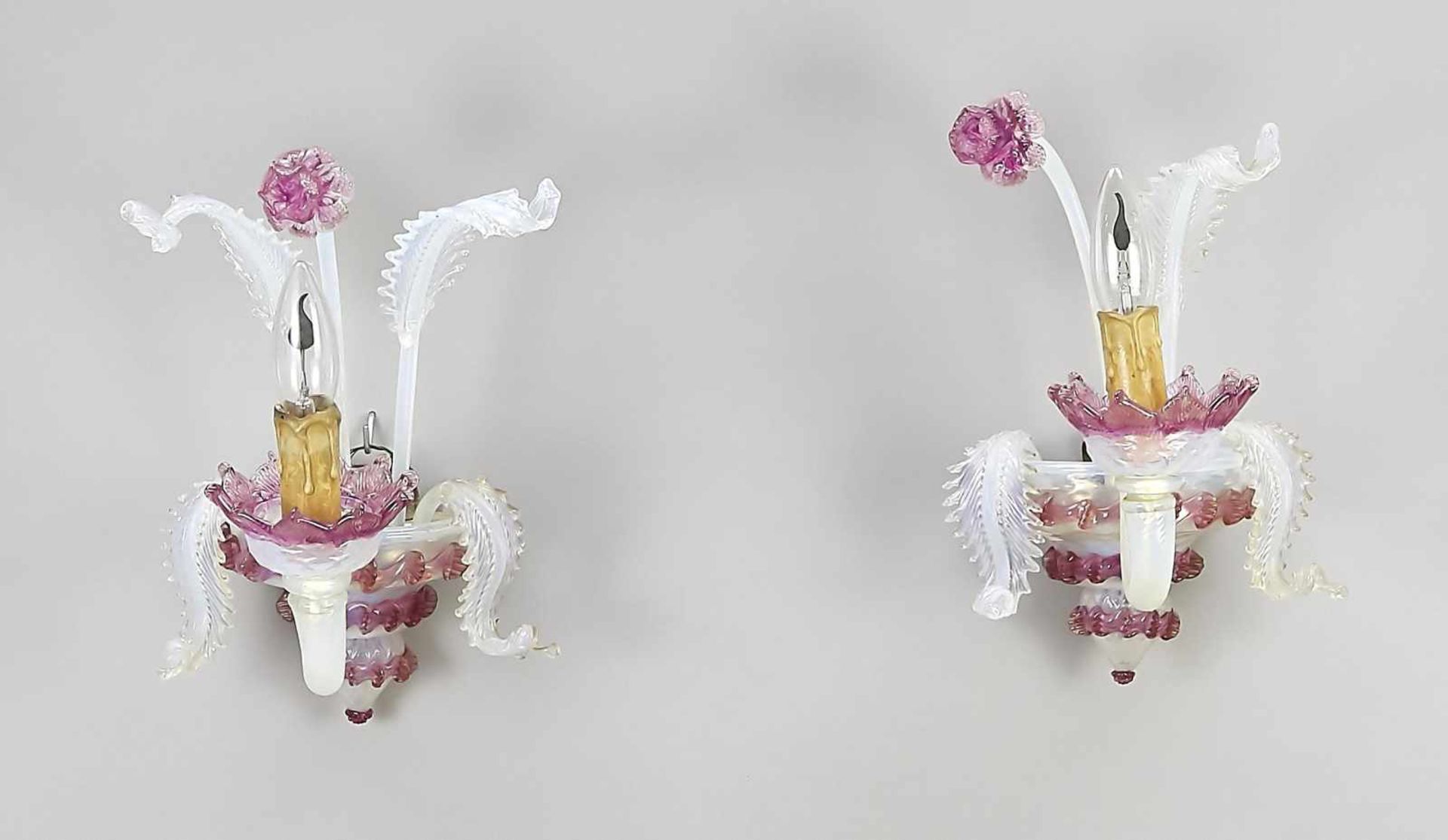 A pair of sconces, Italy, 20th cent., Murano, wall mount with flowers and leaves, whitish