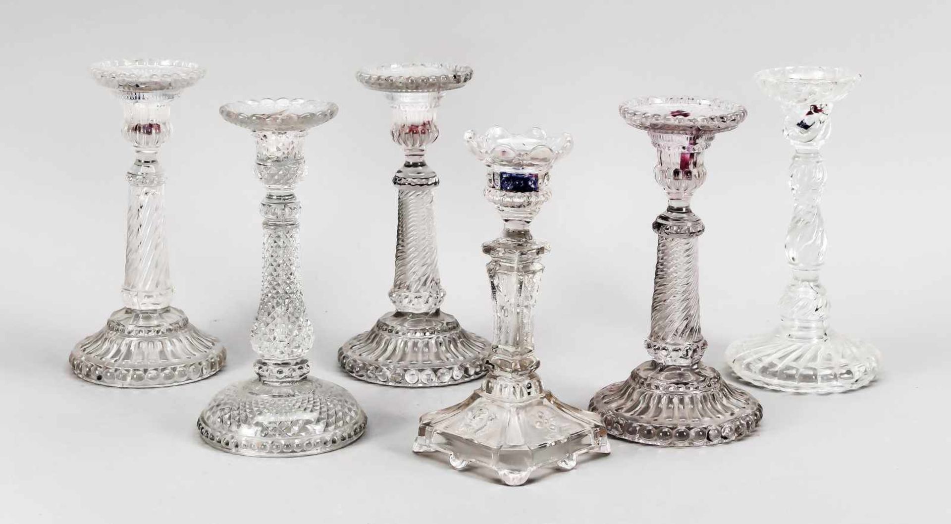 Mixed lot of six candlesticks, 20th century, different shapes and decors, each clear