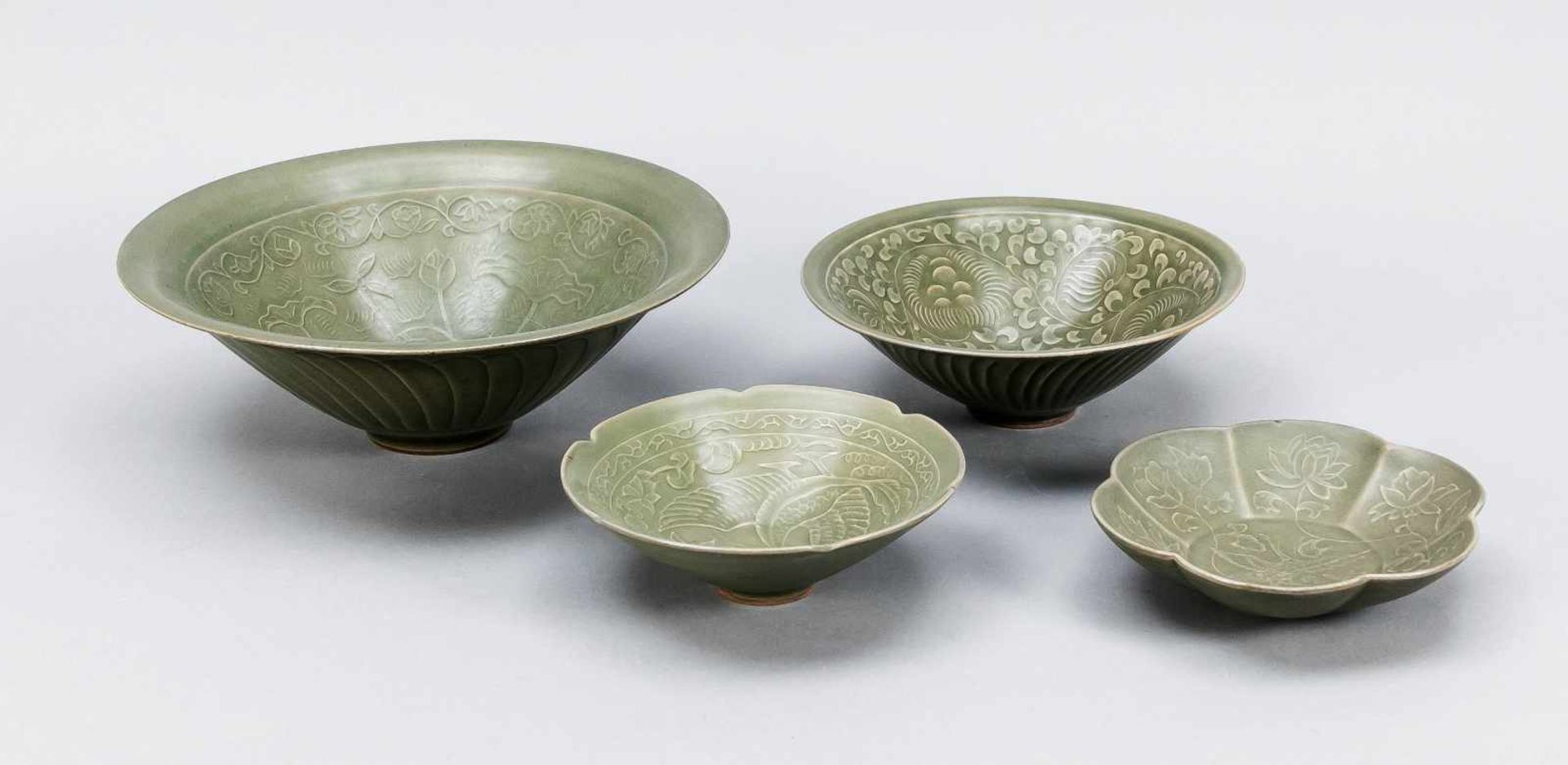 4 Yaozhou bowls, China, 20th century, celadon-colored glaze on modeled / cut shards, 2