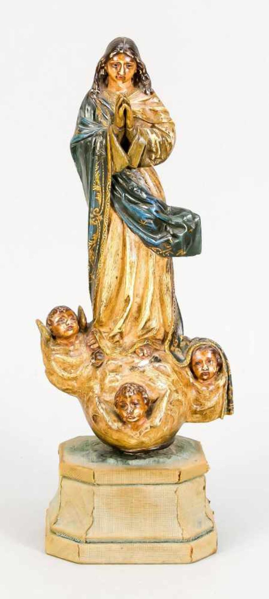 Sacred wood sculptor from the 18th century, praying Madonna standing on a cloudbase