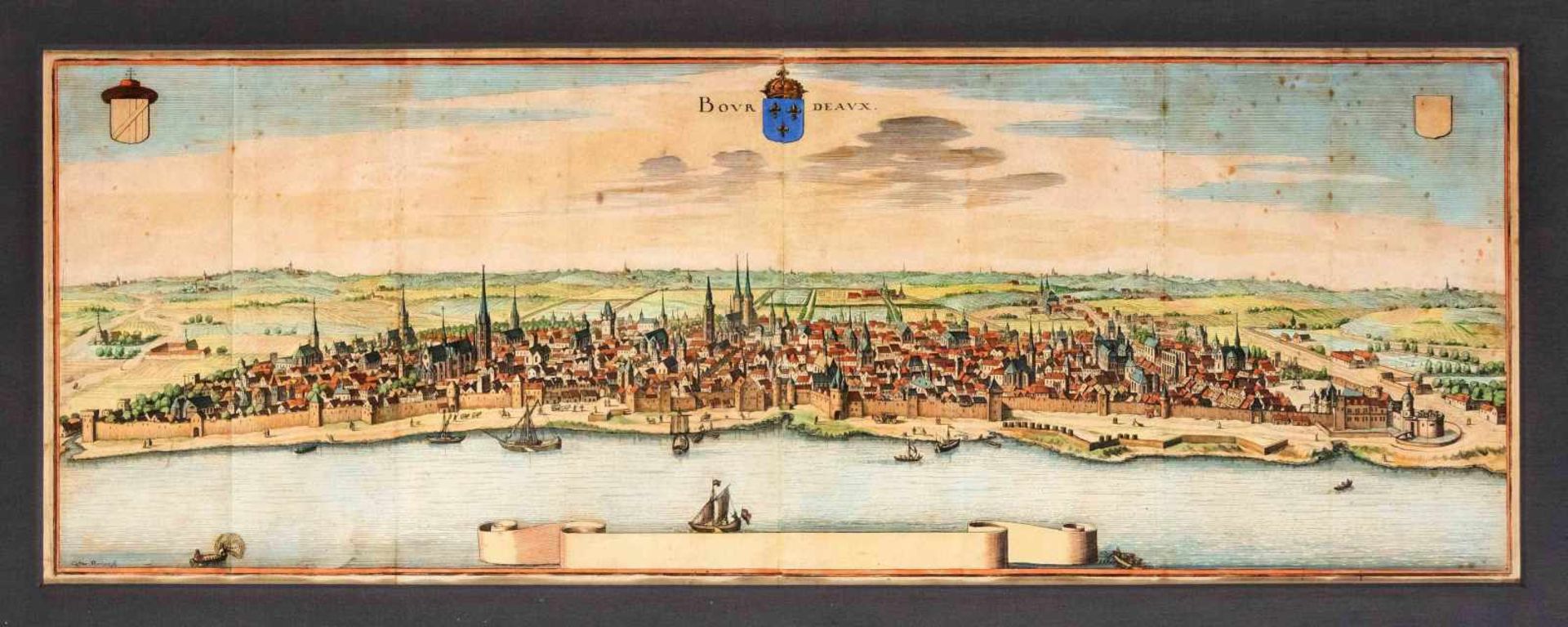 Bordeaux - large panorama ''Bourdeaux'', col. Etching from Merian around 1650, with coat of