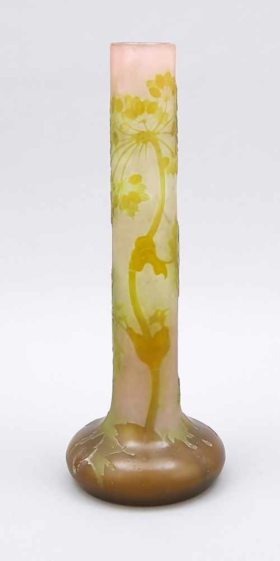 Vase, probably France, 20th cent., Emile Gallé (?), round base, bulgy, body, straight,<
