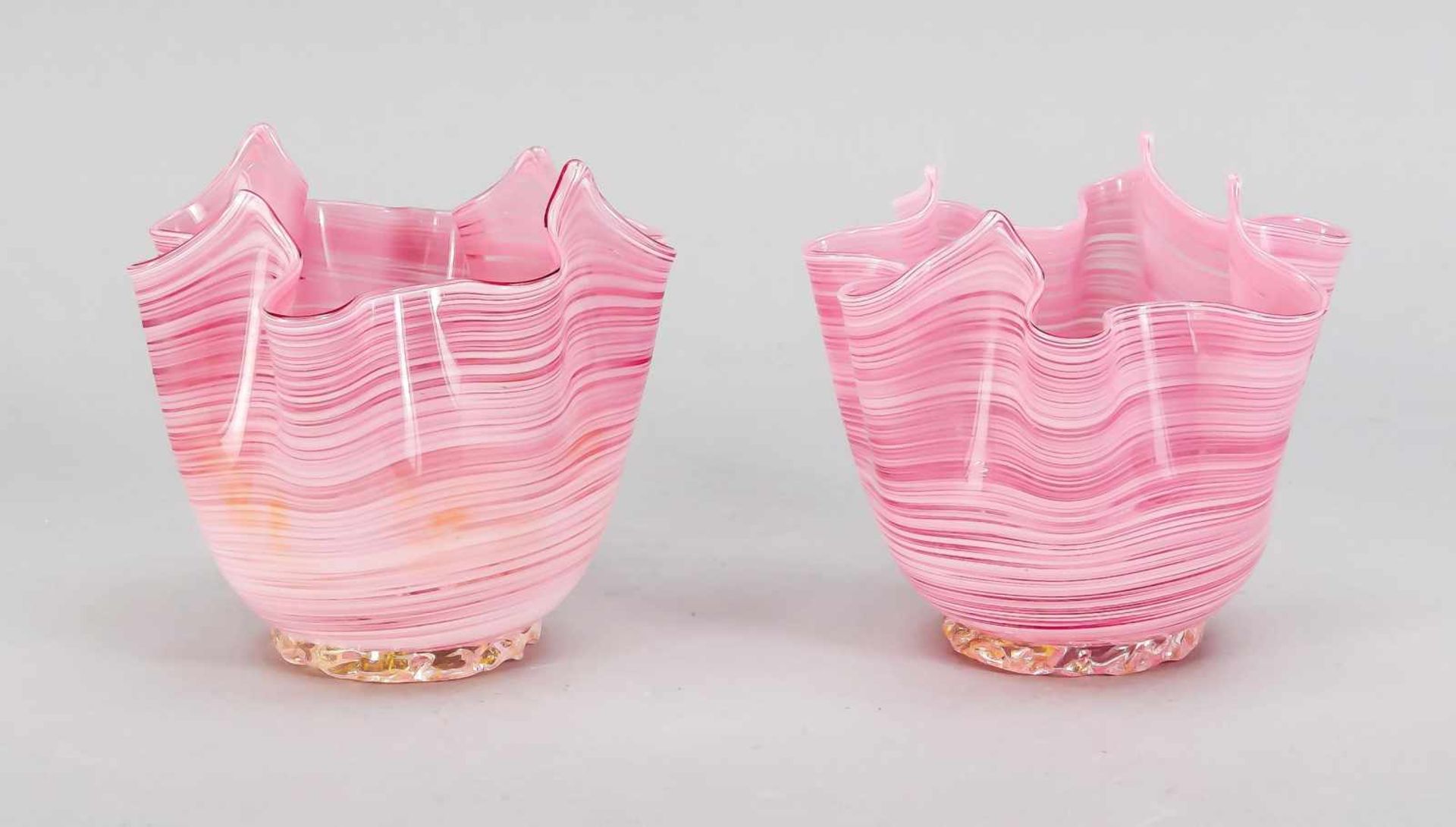 A pair of vases, Italy, 20th century, Murano, Fazzoletto, on a round cord stand, clear