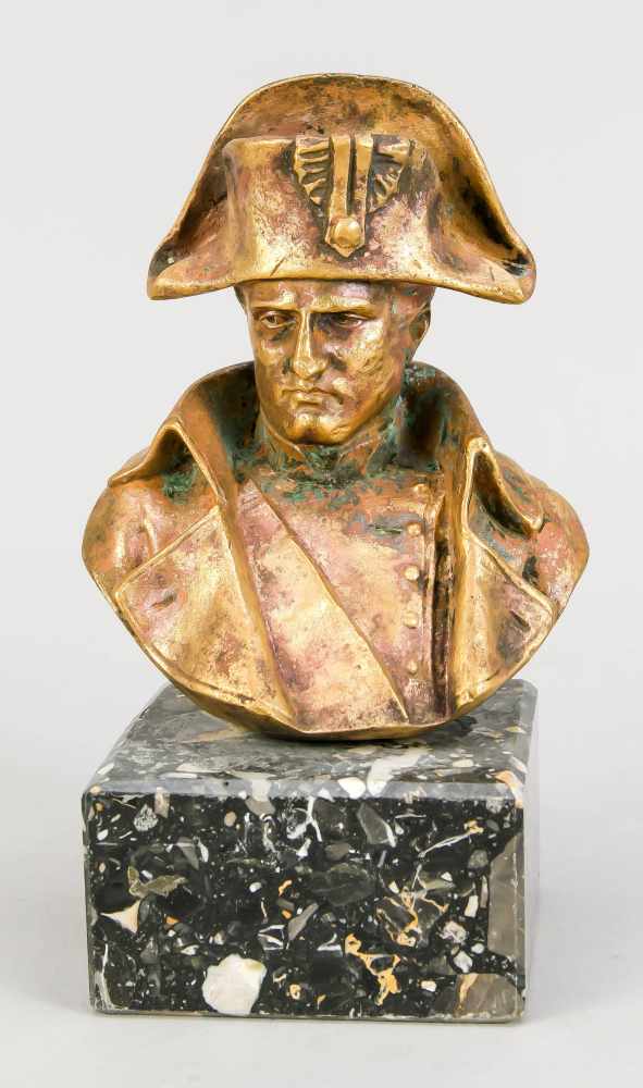 Bust of Napoleon, early 20th century, gold-colored patinated metal cast on marble plinth,