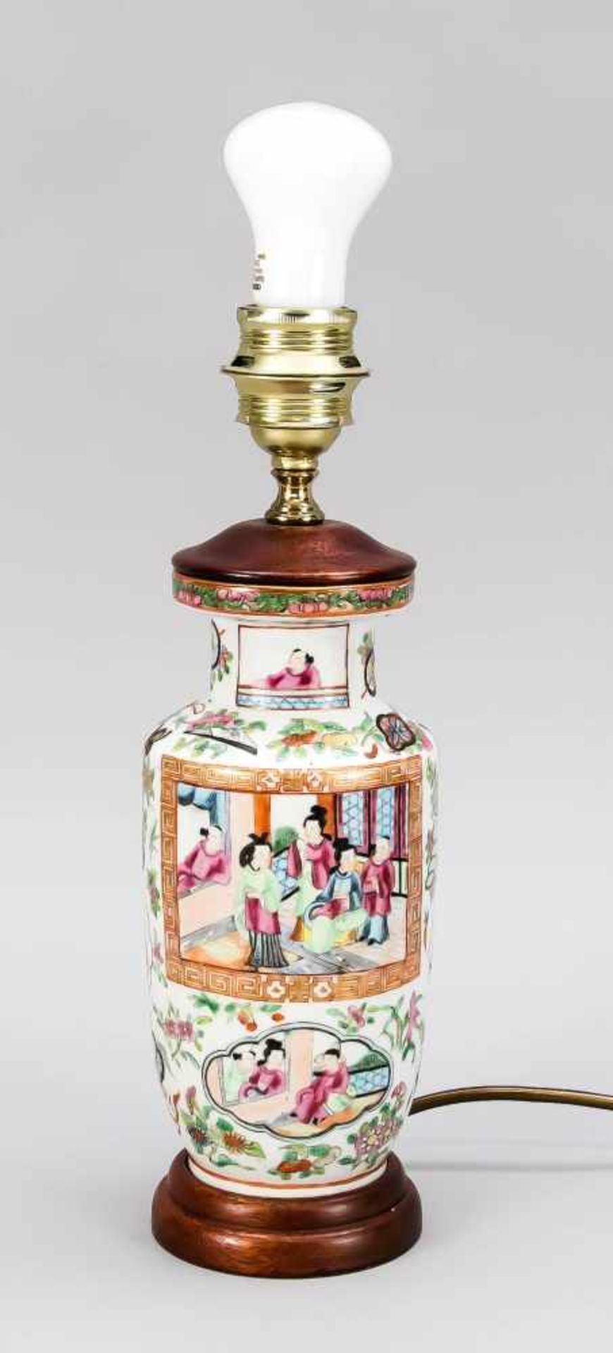 Famille-Rose vase mounted as a lamp base, China, 19th century. Body divided into 2