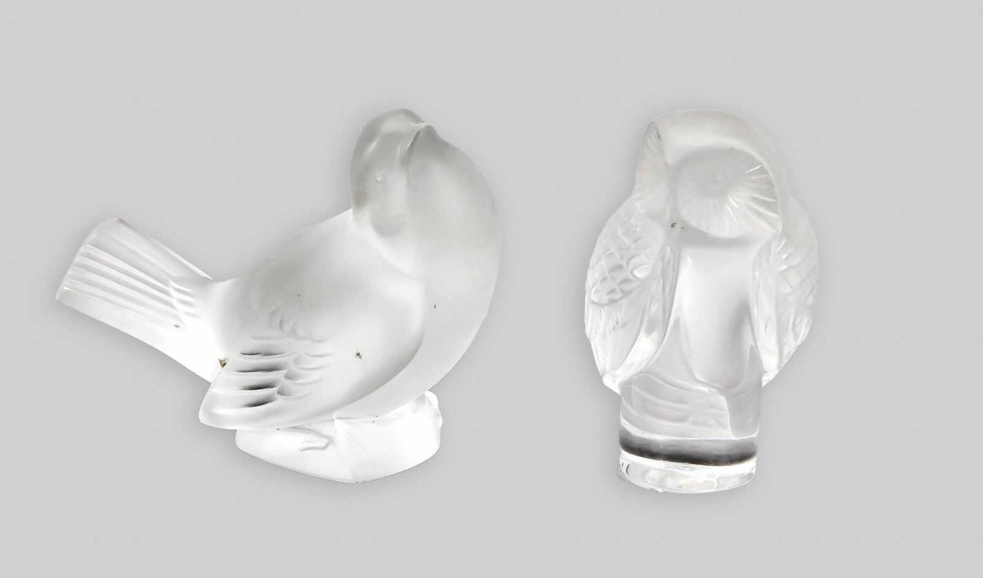 Pigeon and owl, France, 2nd half of the 20th century, Lalique, clear, mostly frosted