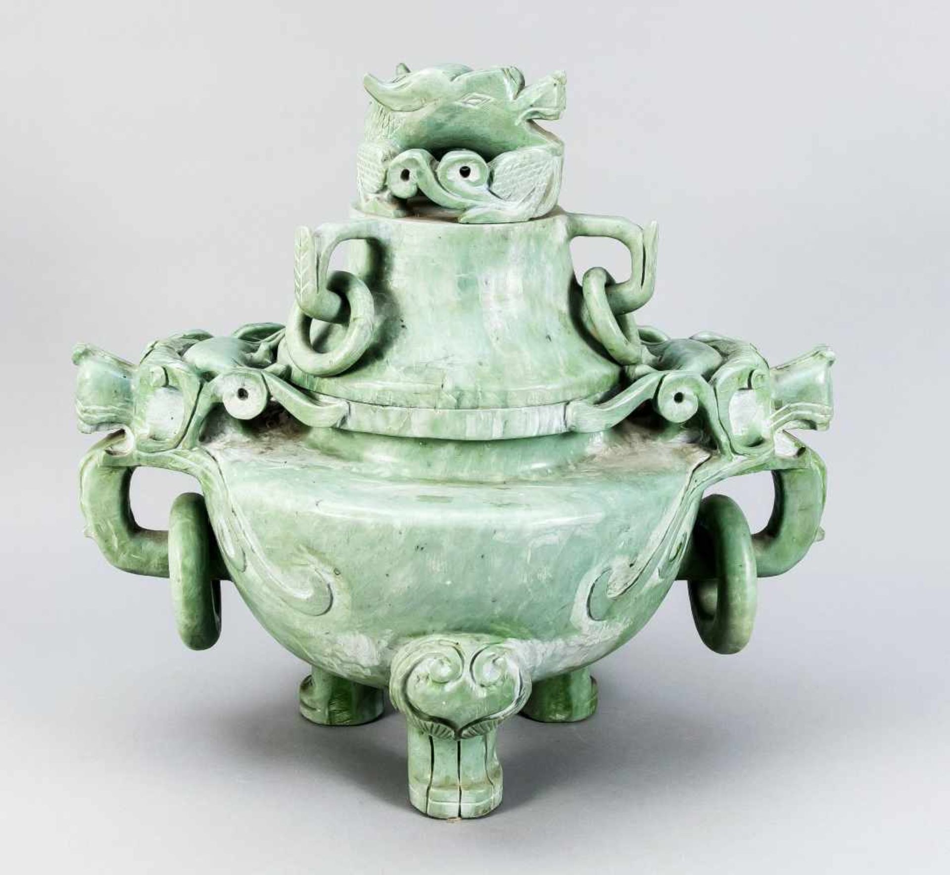 Large incense burner with dragon, China, 20th century, green soapstone. On 3 feet, with