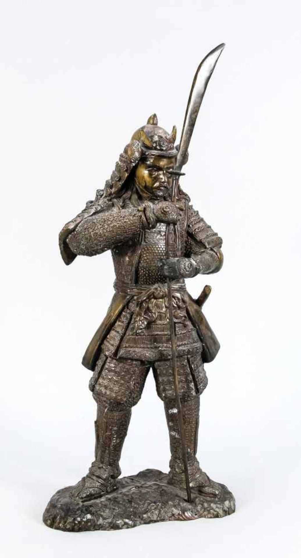 Large samurai figure, Japan, 1st half of the 20th century, bronze. Placed on a terrain