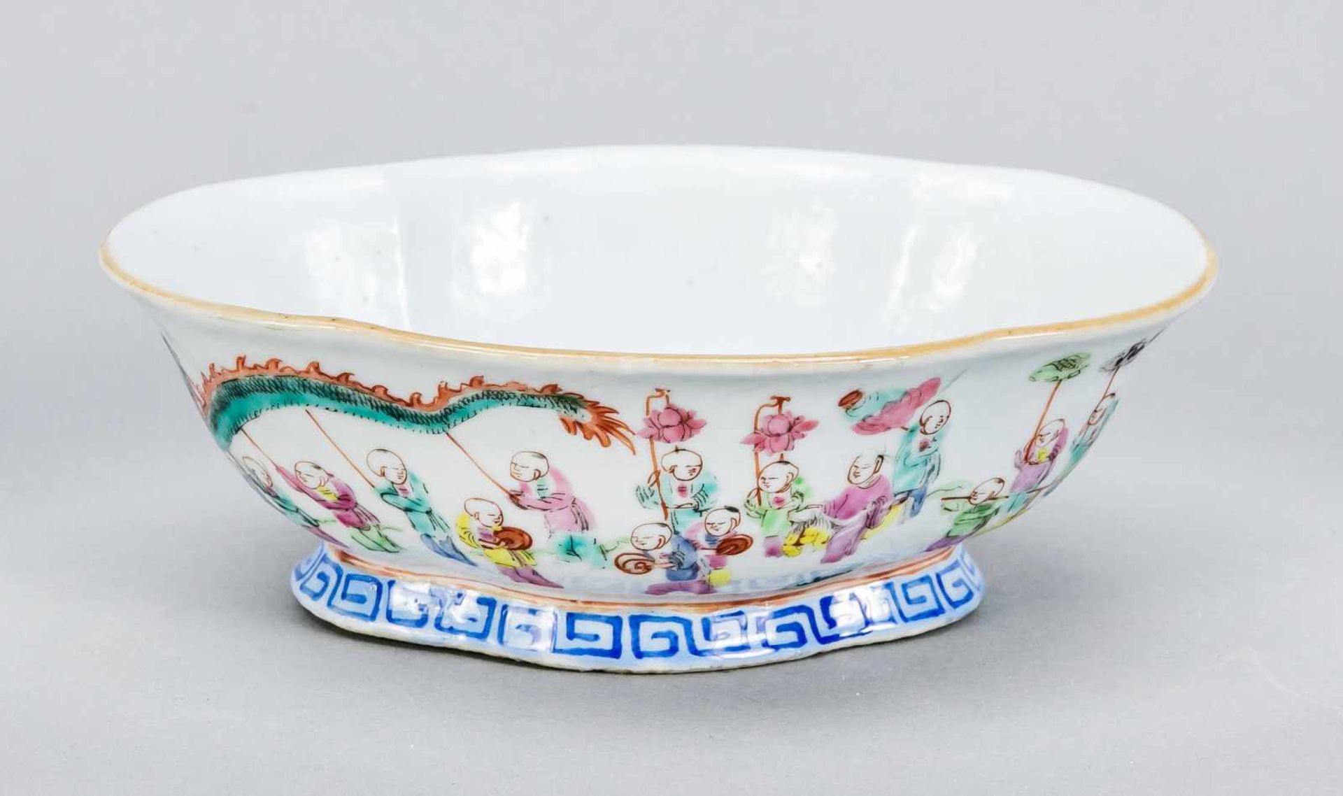 Famille Rose Bowl China, 18th C. Lobe / Curly Curved Wall. Outside wall with boys decor,
