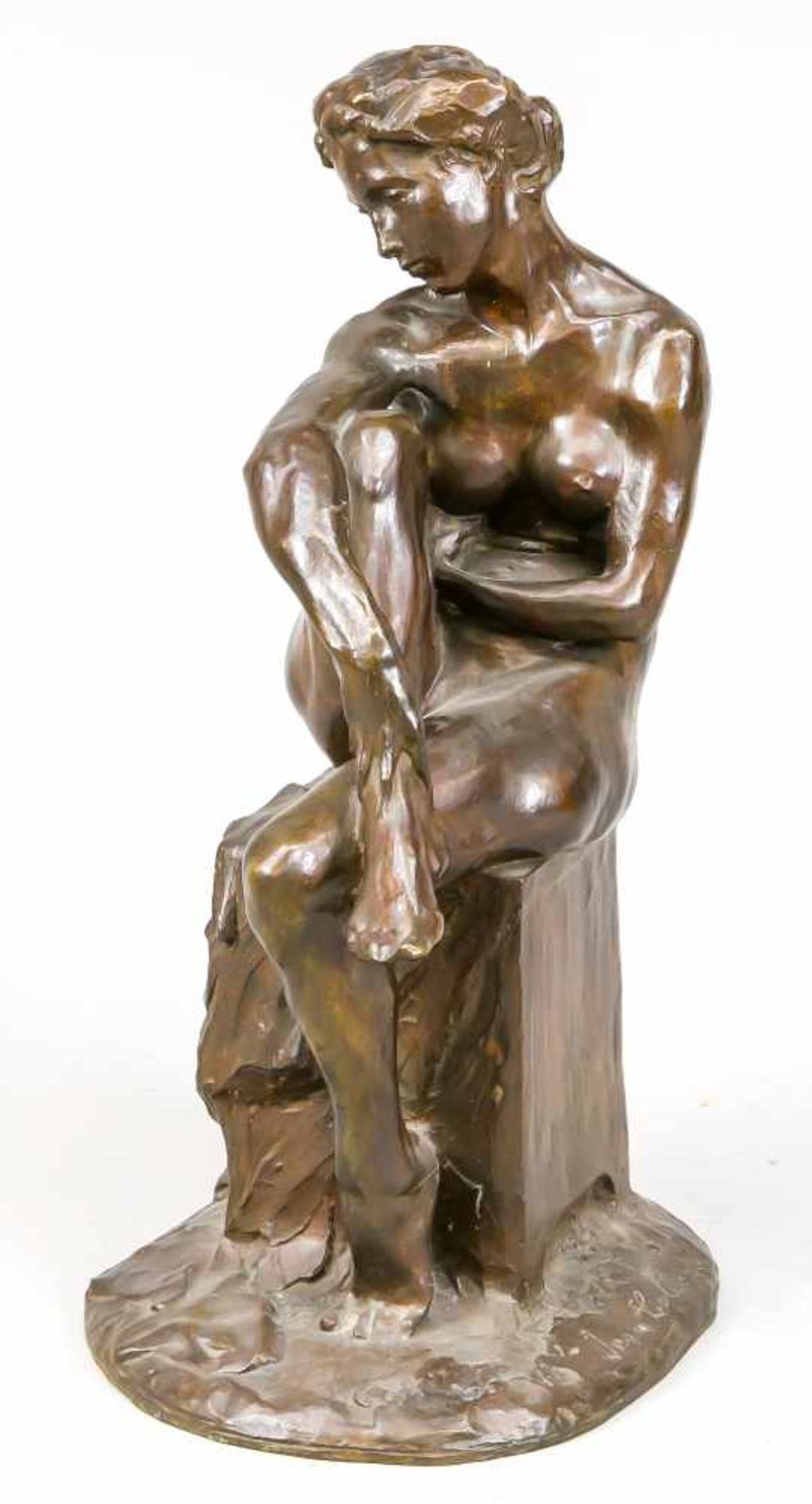 Jean Charles Collard (1881-1951), Belgian sculptor, female nude sitting on a pedestal,