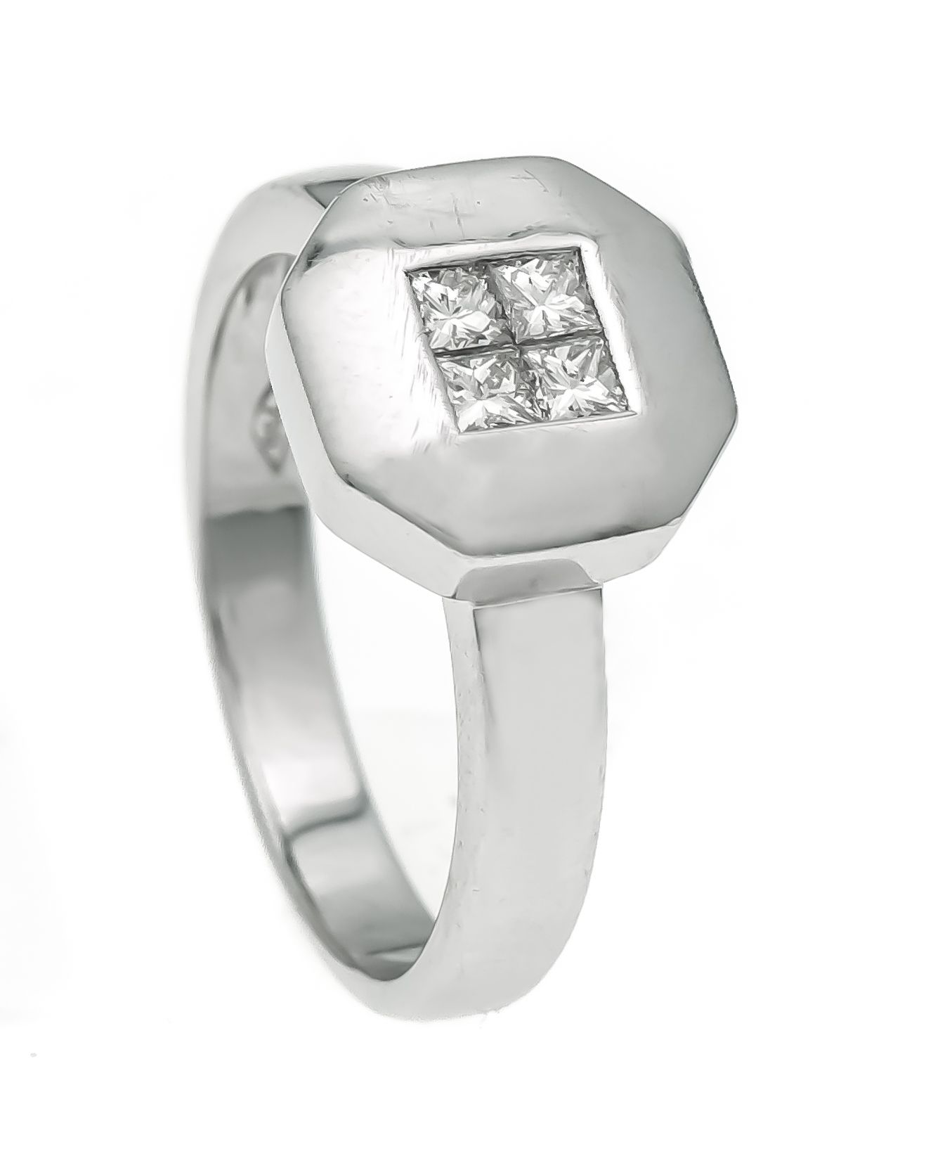 Diamond ring WG 750/000 with 4 princess cut diamonds, total 0.12 ct W / VS, RG 54, 5.2 g