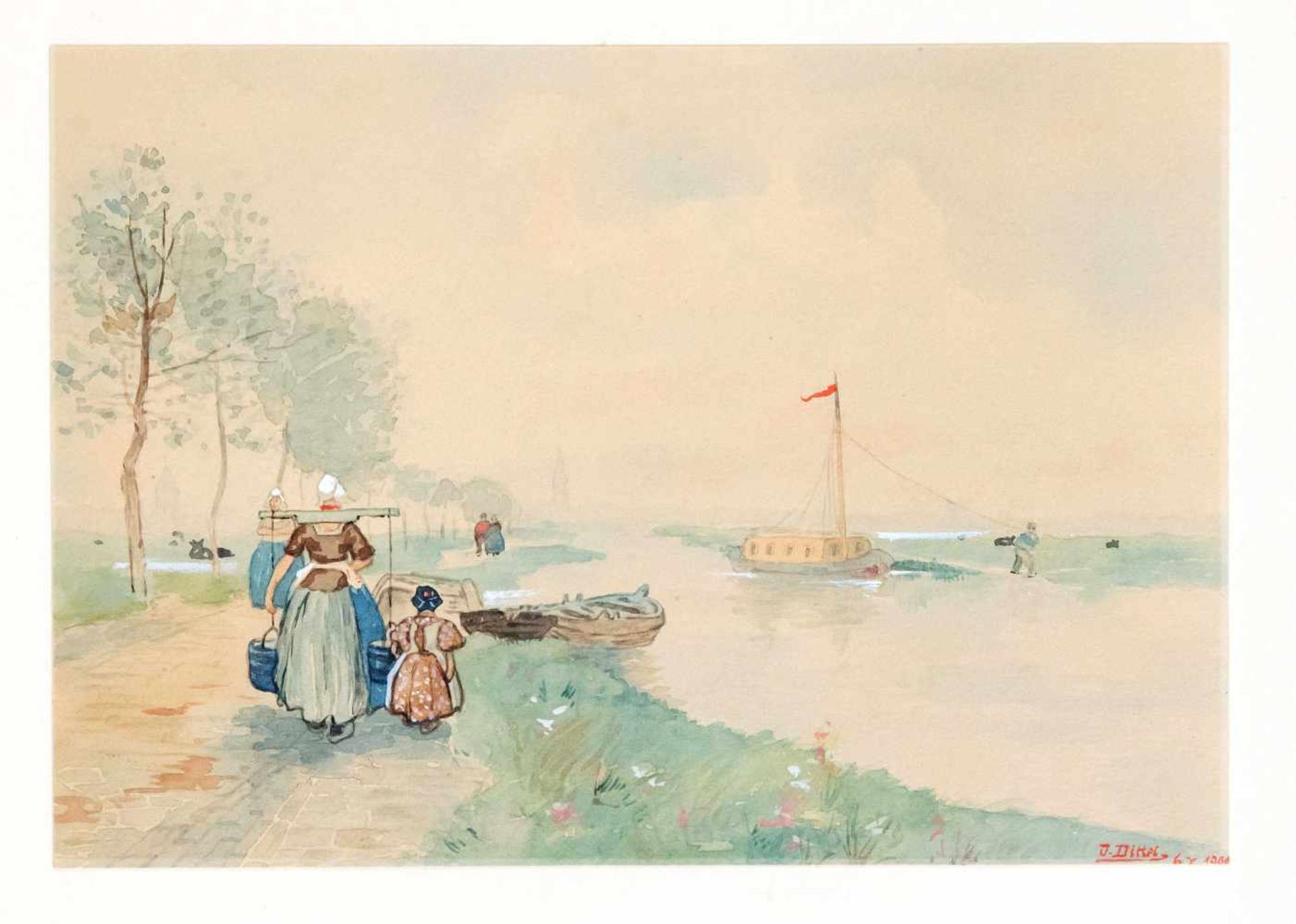 J. Dittel, Dutch painter around 1900, canal landscape with Treidler, water carrier and