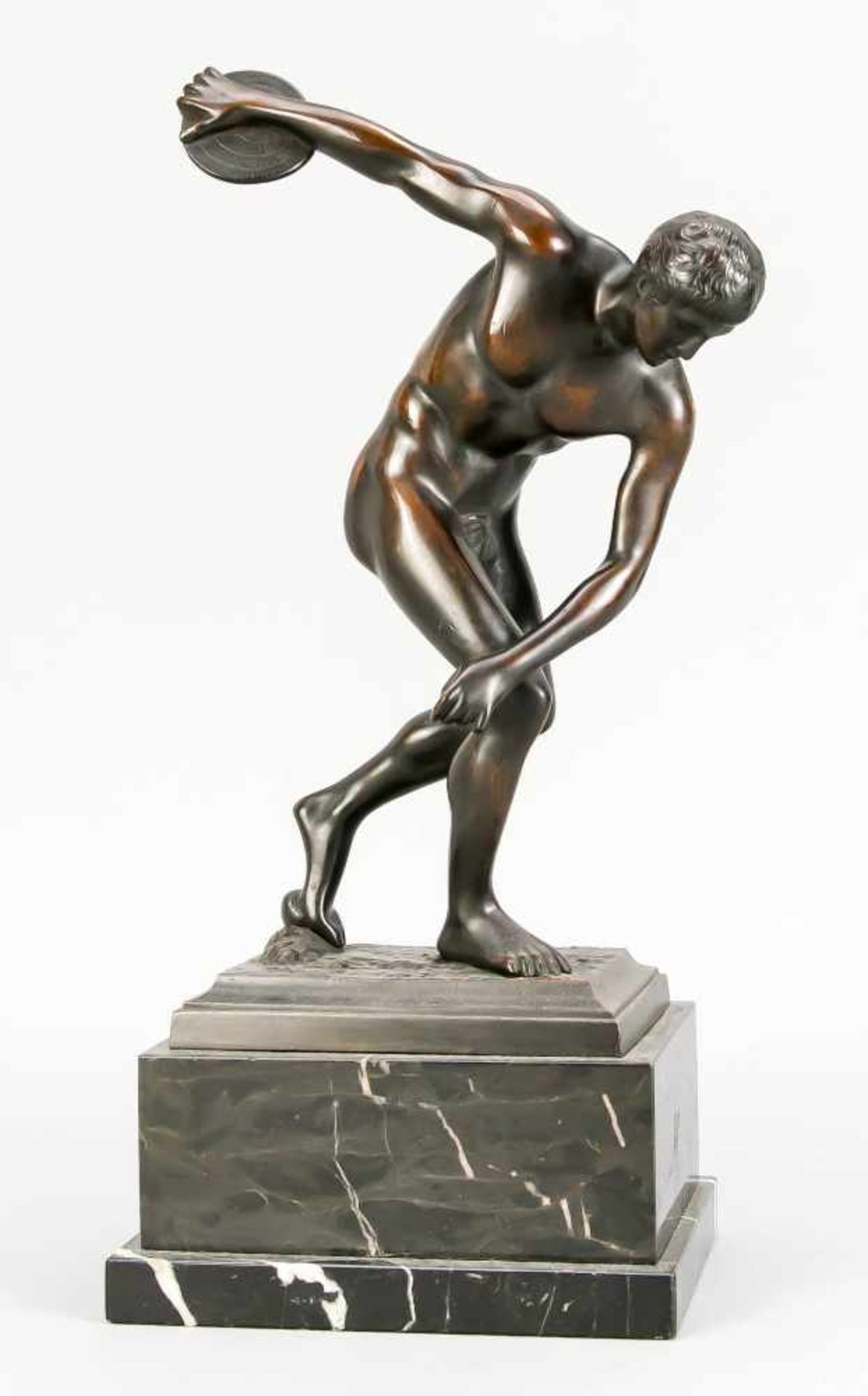 Diskobol des Myron, replica of the antique discus thrower in brown patinated bronze on