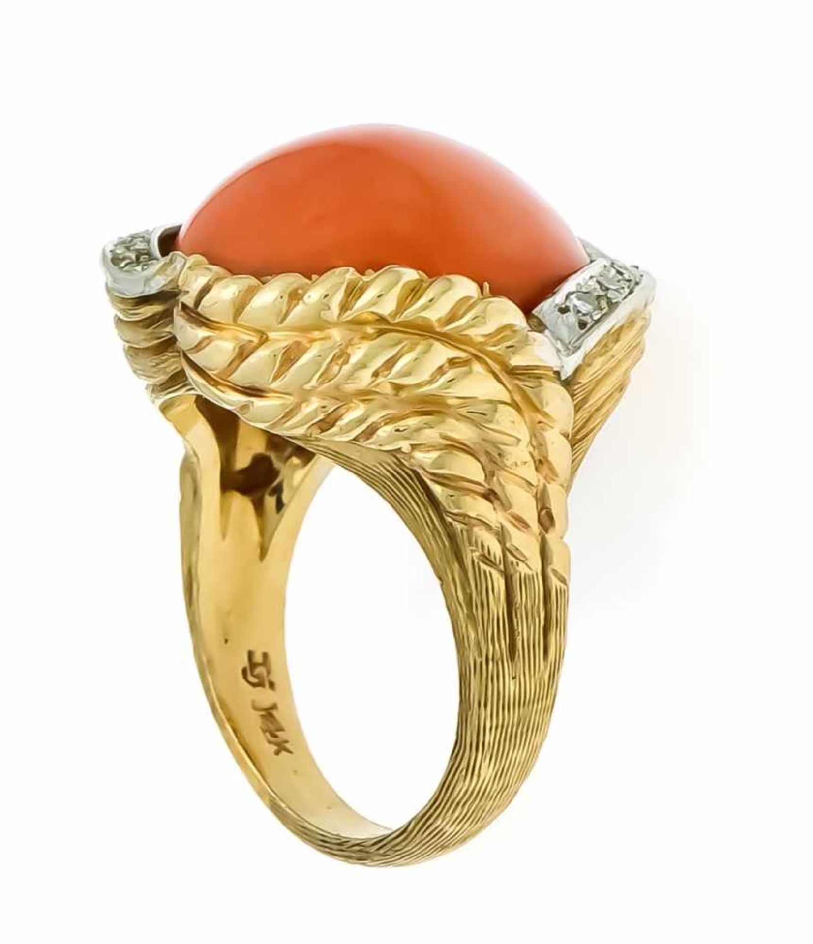 Coral ring RG / WG 585/000 with an orange-red, round coral cabochon 16 mm and 10 diamonds, - Image 2 of 2