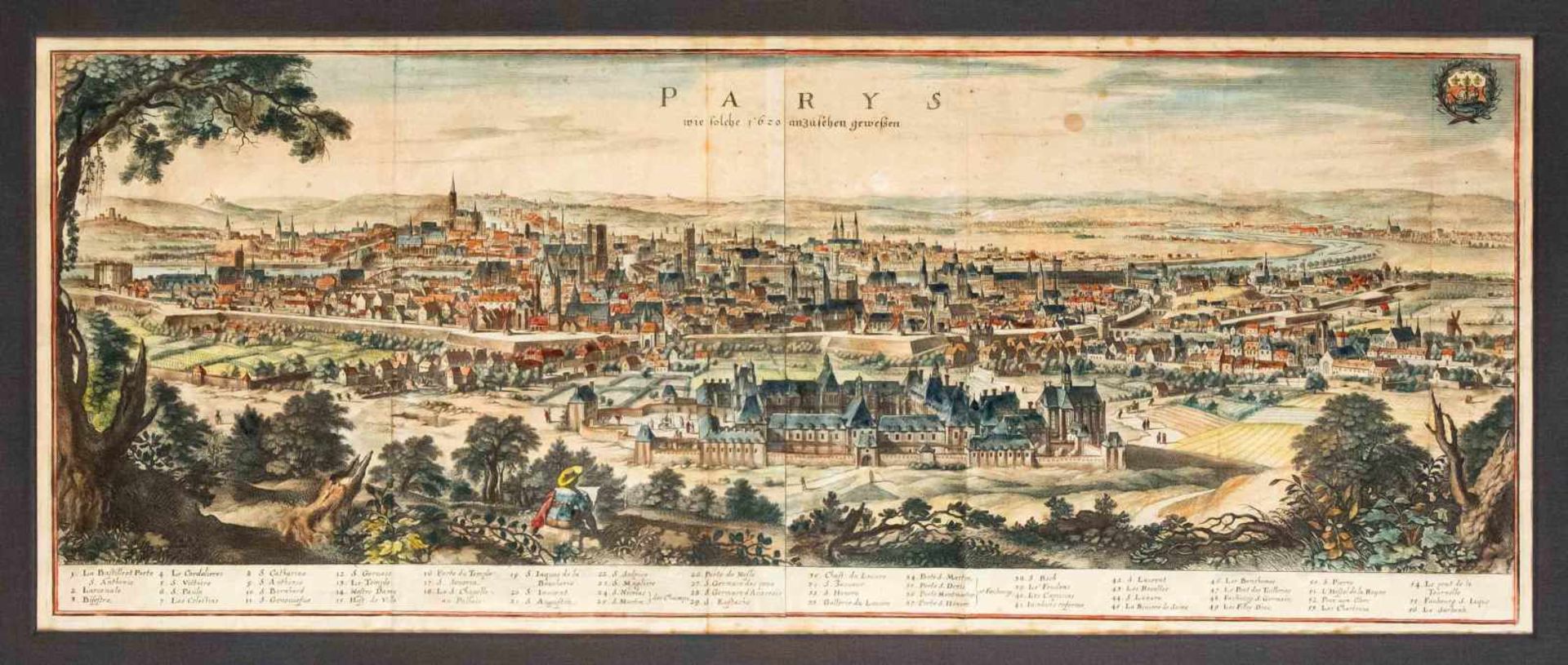 Paris - large panorama ''Parys wie solche 1620 anzusehen geweßen'', col. Etching from Merian<