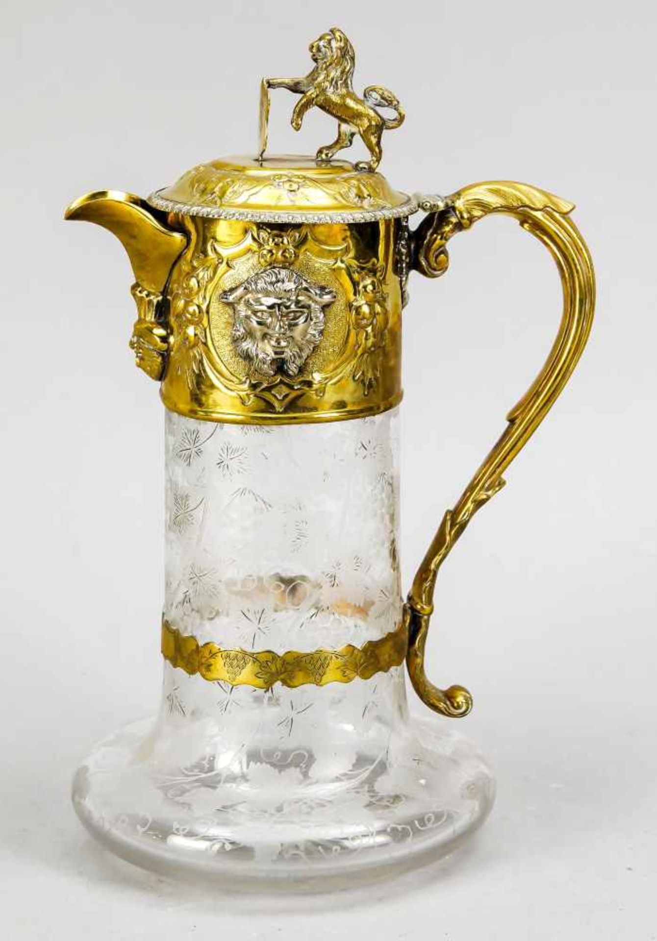 Pitcher with brass mounting, around 1900, neck, handle and hinged lid assembly, figurative