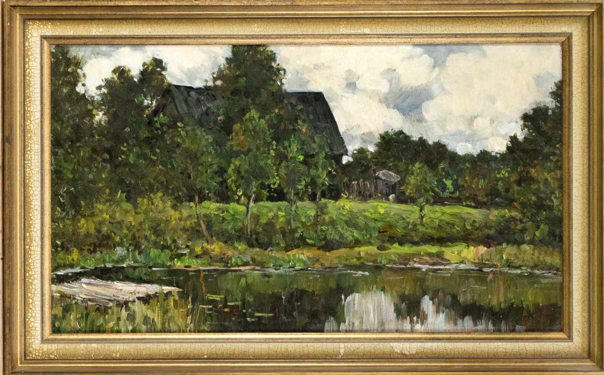Ref. Aralov, Russian painter 2nd half of the 20th century, country house with pond, oil on