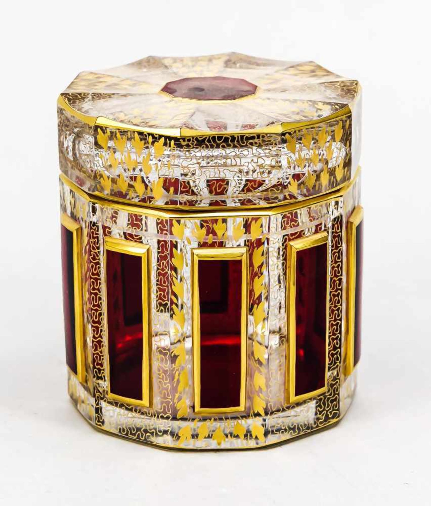 Polygonal lidded box, Bohemia, 20th century, angular cylindrical body, flat lid, clear