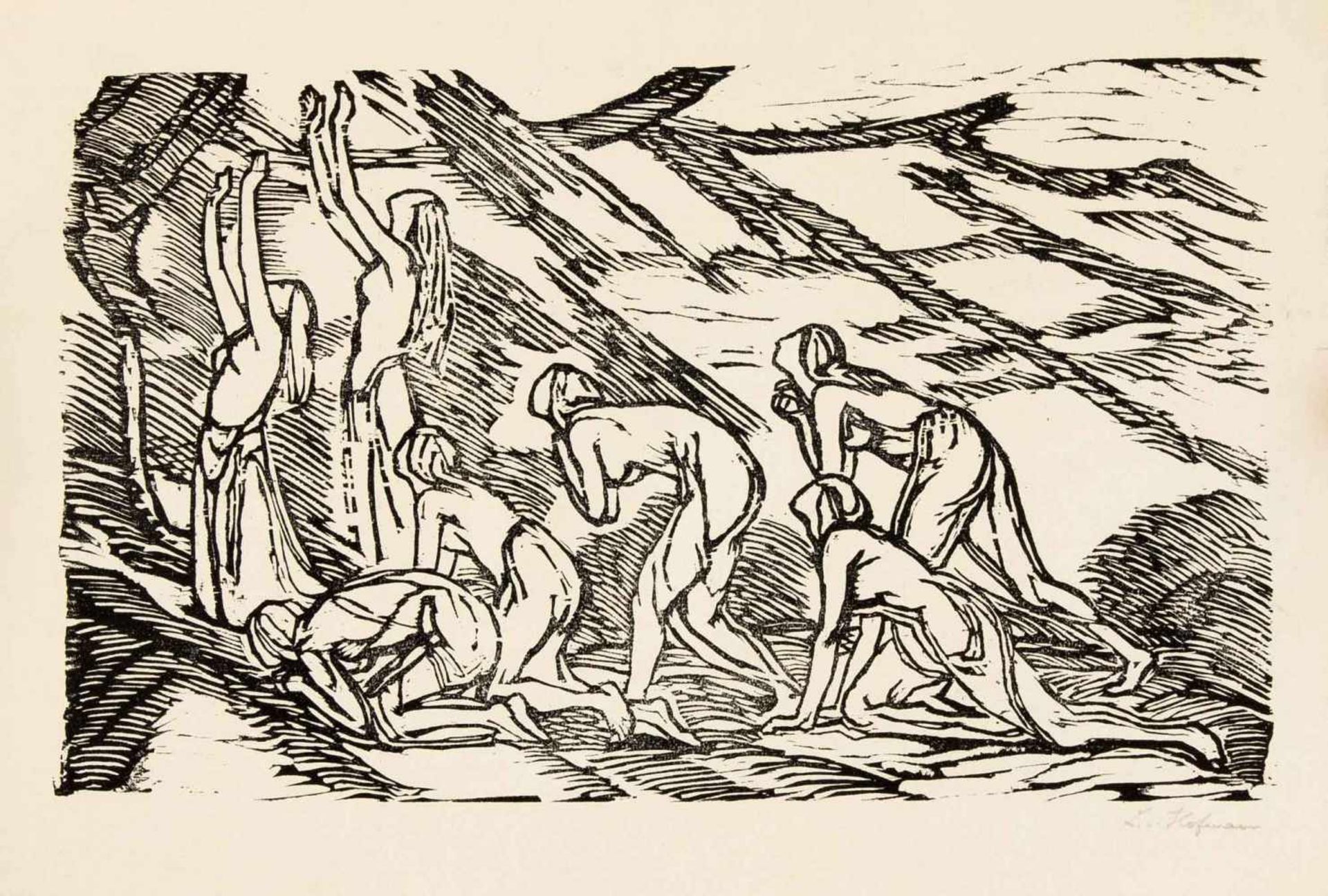 Ludwig von Hoffmann (1861-1945), group of women in adoring posture, woodcut on wove paper,