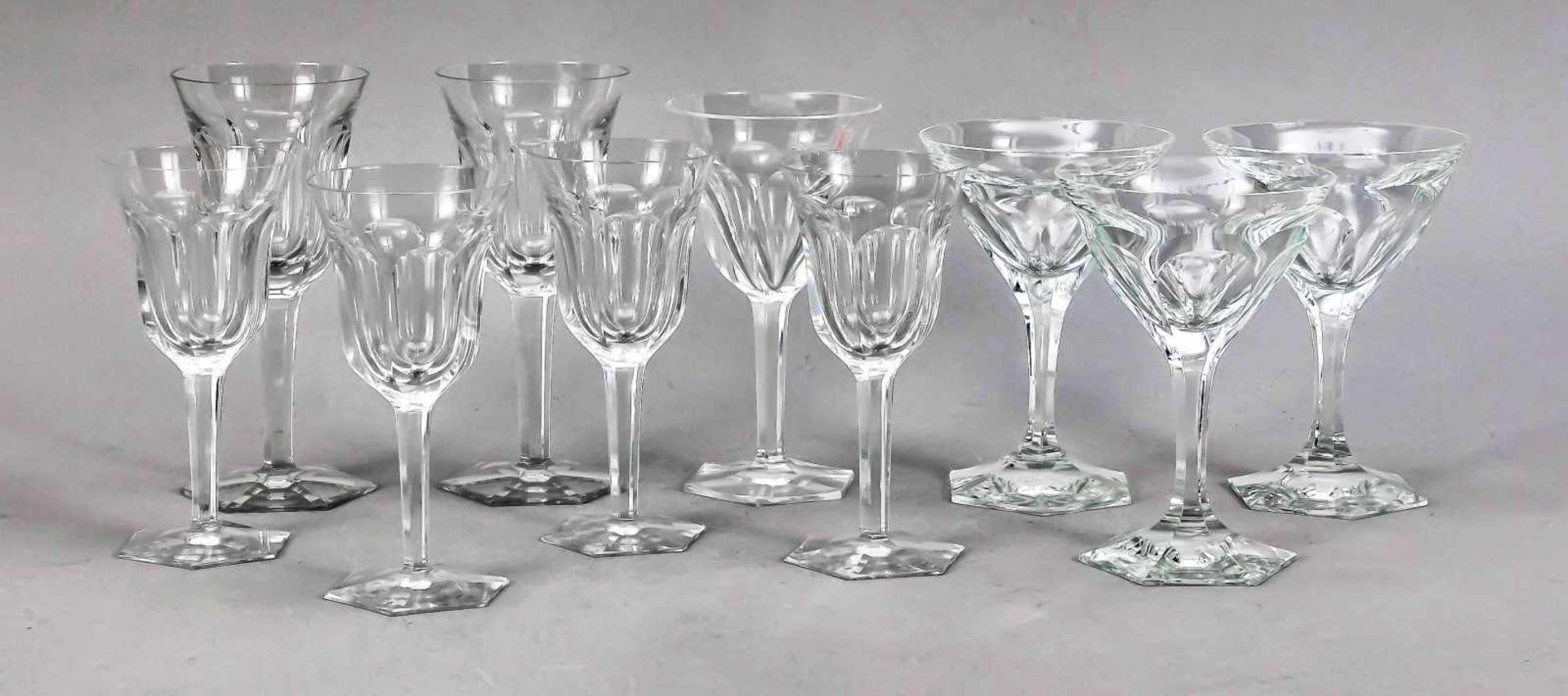 Mixed lot of ten glasses, 20th century, presumably Moser, hexagonal stand, slender angular