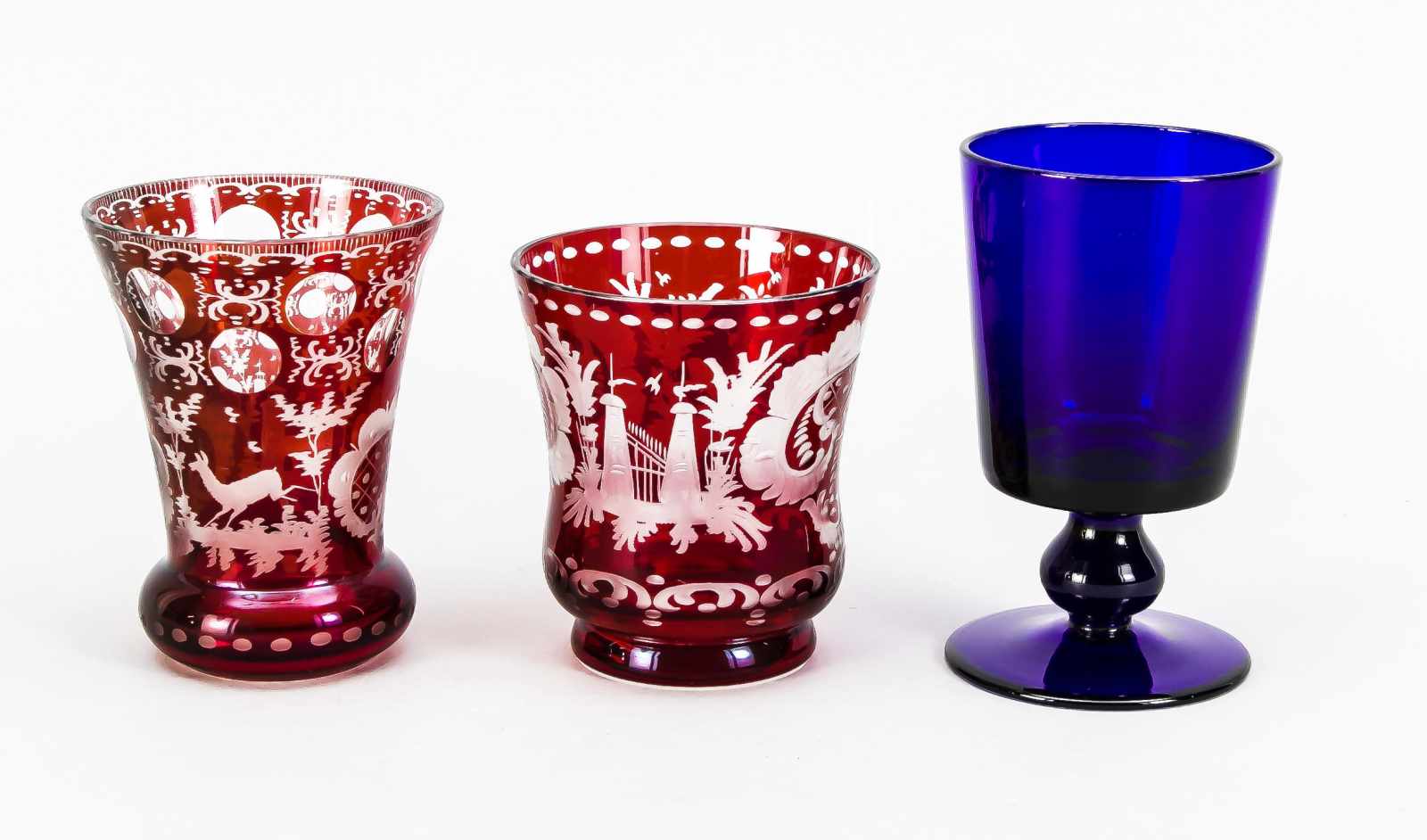 Three pieces of glass, 20th century, 2 vases, clear glass, mostly red overlaid with cut