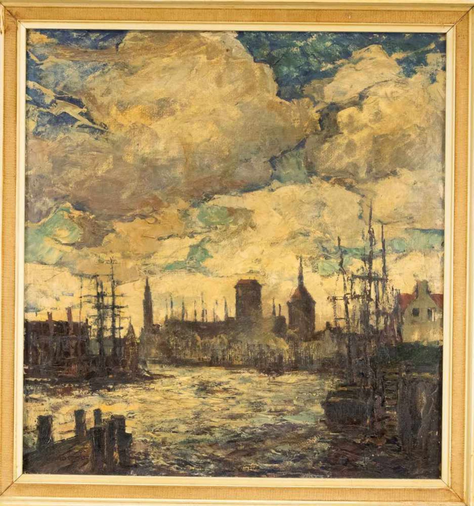 Gerhard Graf (1883-1960), Berlin view painter, view over a north German port, oil on