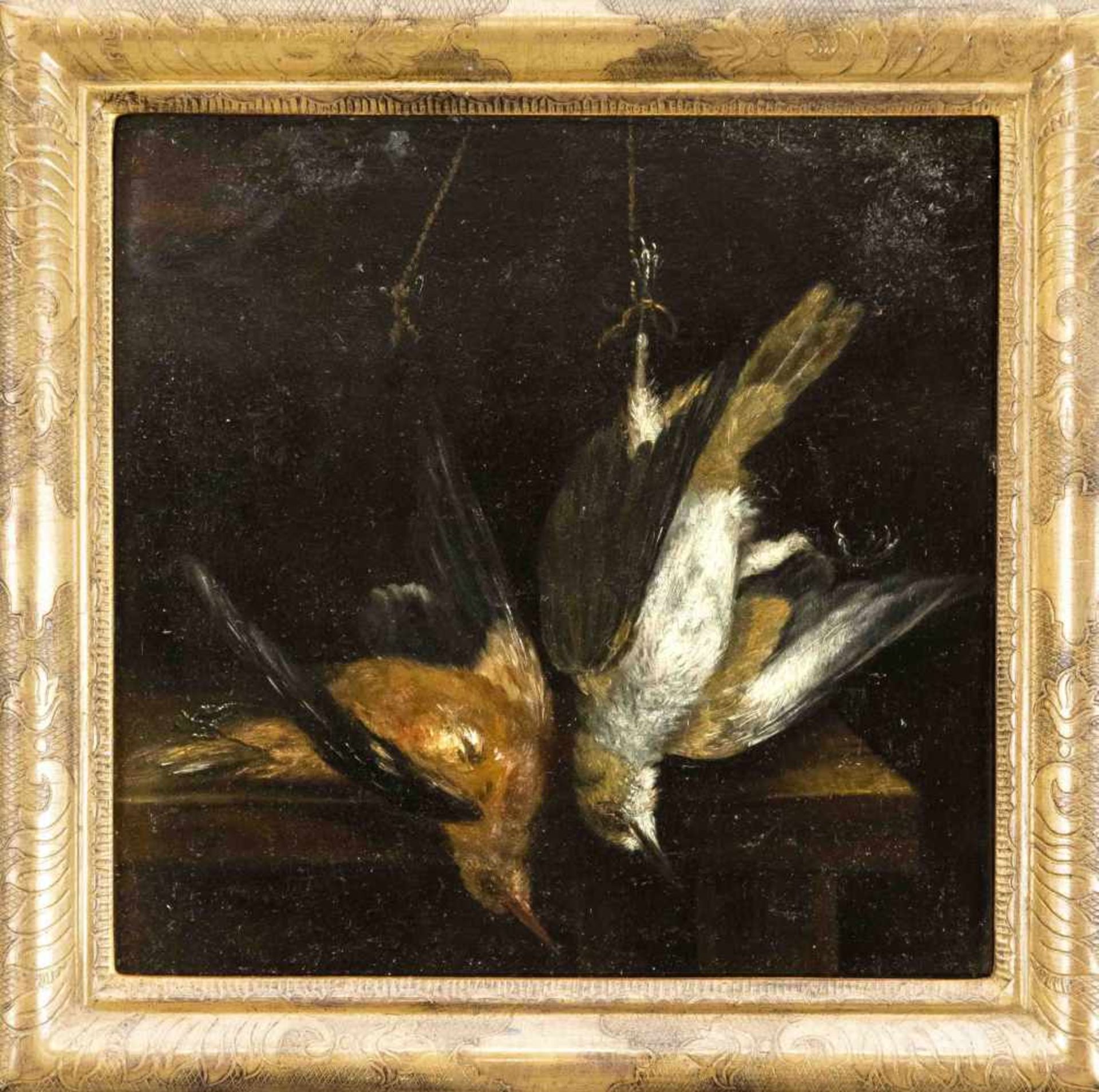 Still life painter of the 17th century, hunting still life with two birds hanging upside
