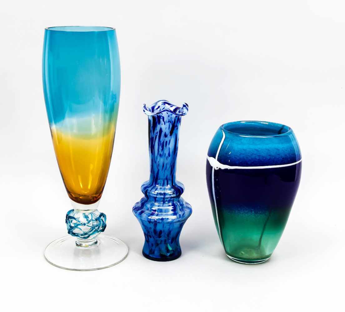 Three vases, 2nd half of the 20th century, clear glass, mostly with polychrome melts and