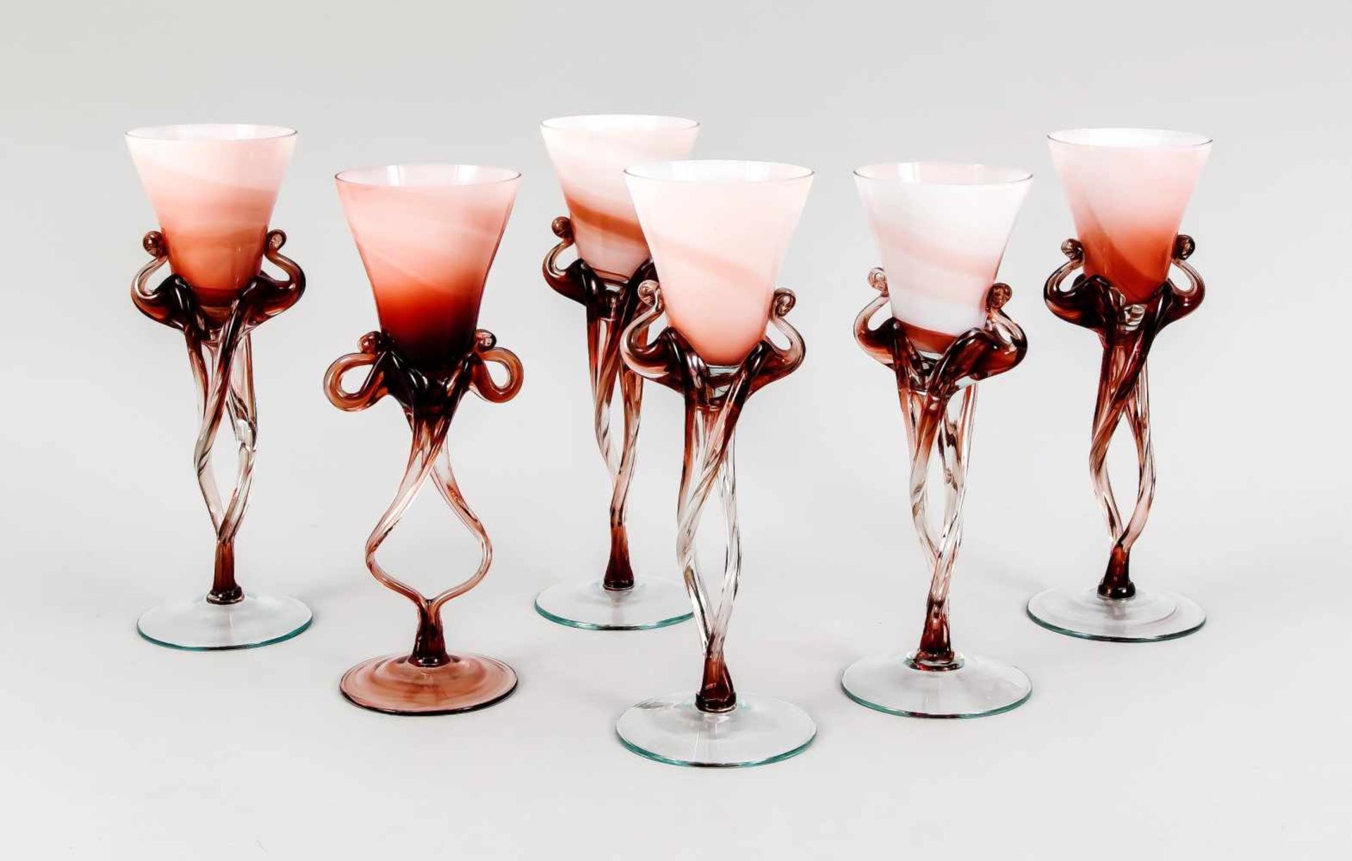 Six champagne glasses, 2nd half of the 20th century, round stand (1 dam.), stem made of