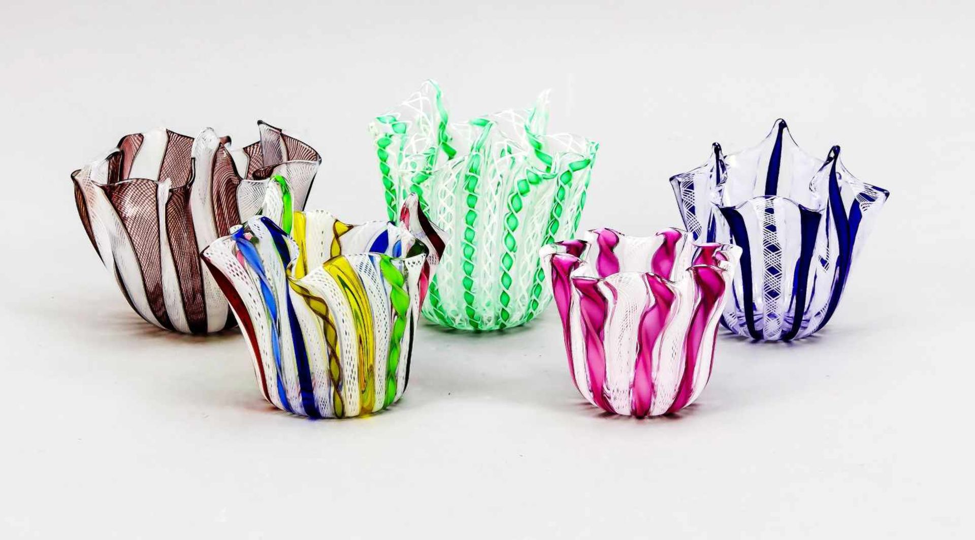 Five vases, Italy, 2nd half of the 20th century, Murano, Fazzoletto, clear glass with