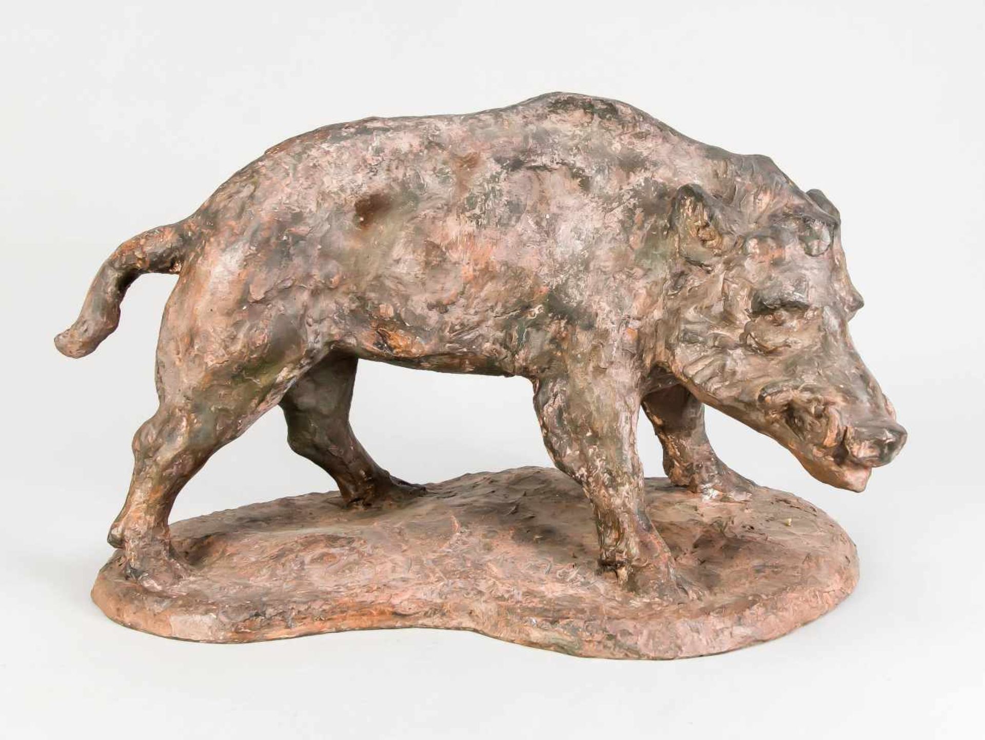 H. Schachl, hunting sculptor from the 1st H. 20th century, large boar, terracotta, painted