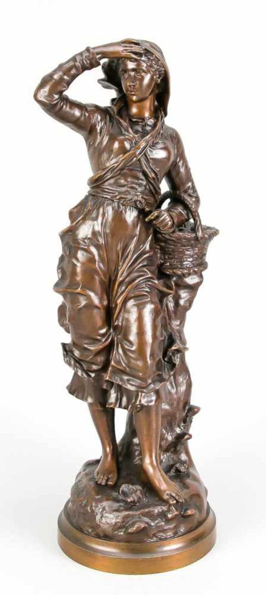Charles Anfrie (1833-1905), Muschelsammlerin, braun patinierte Bronze, im runden Stand