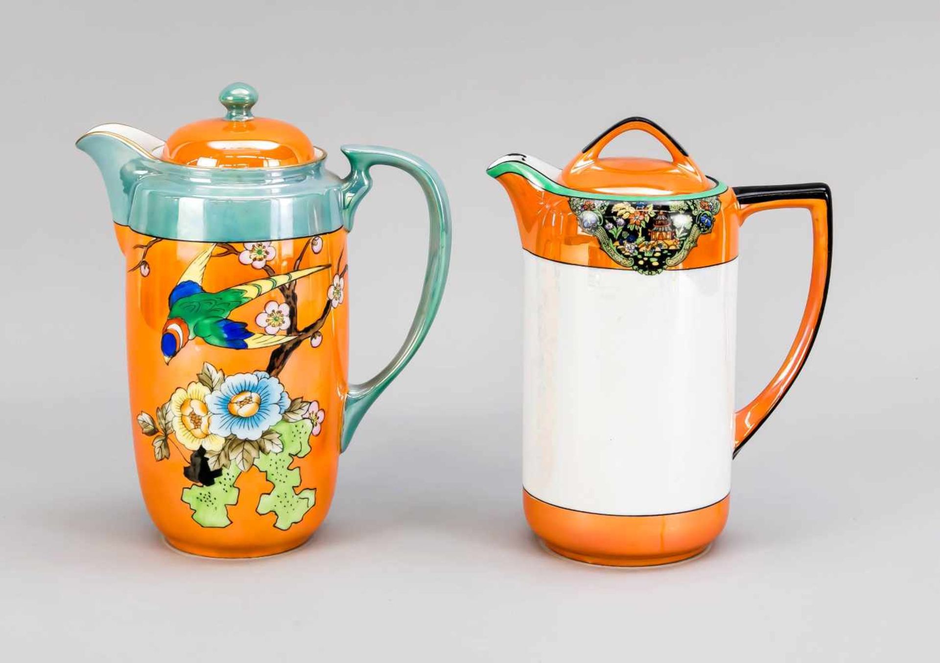 2 Noritake Art Deco Jugs, Japan, 1st H. 20th C. 1 x with a colorful bird in a branch with