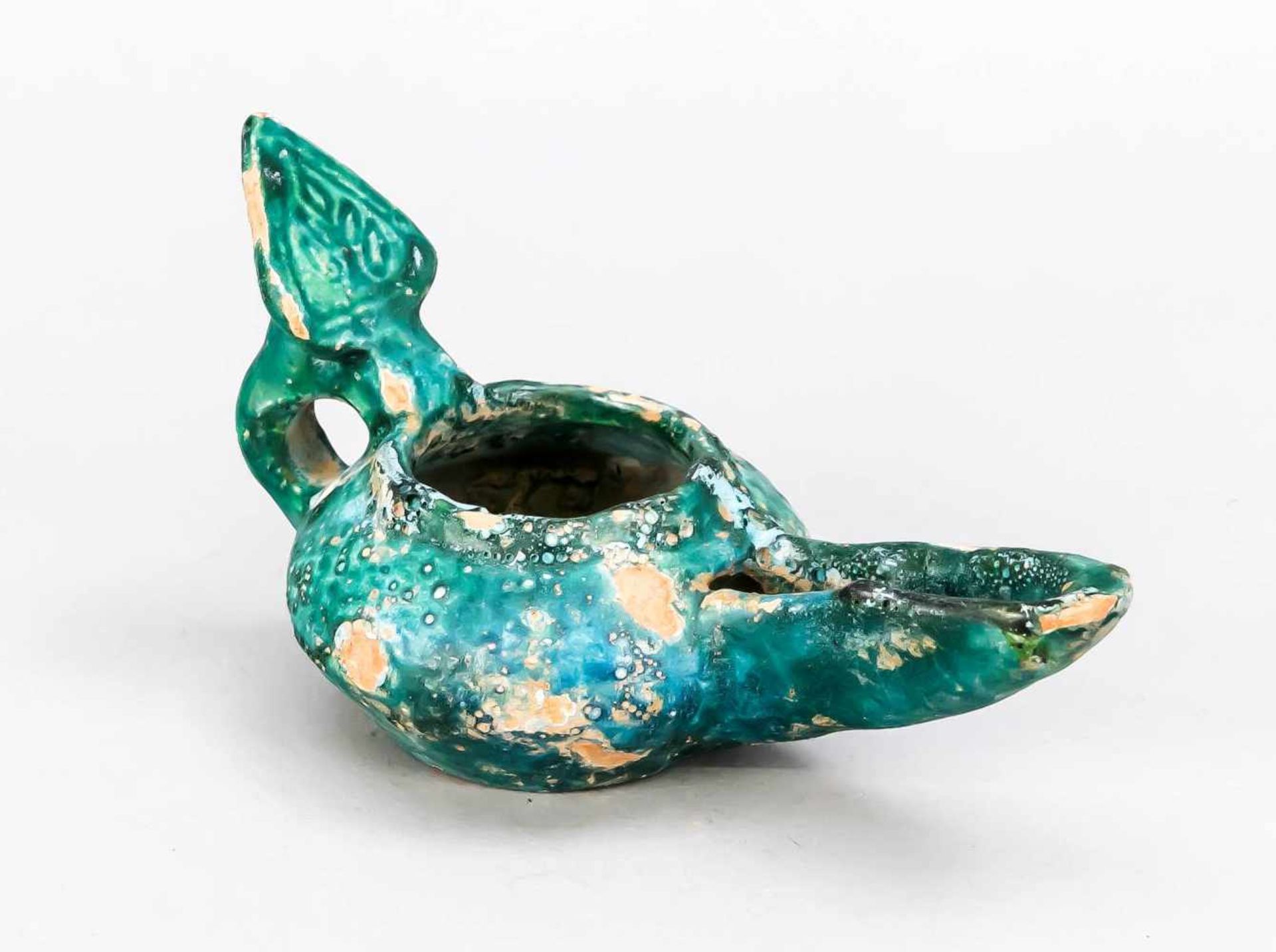 Oil lamp, Nishnapur / Iran, probably 15th century. Ceramic with turquoise glaze, on the