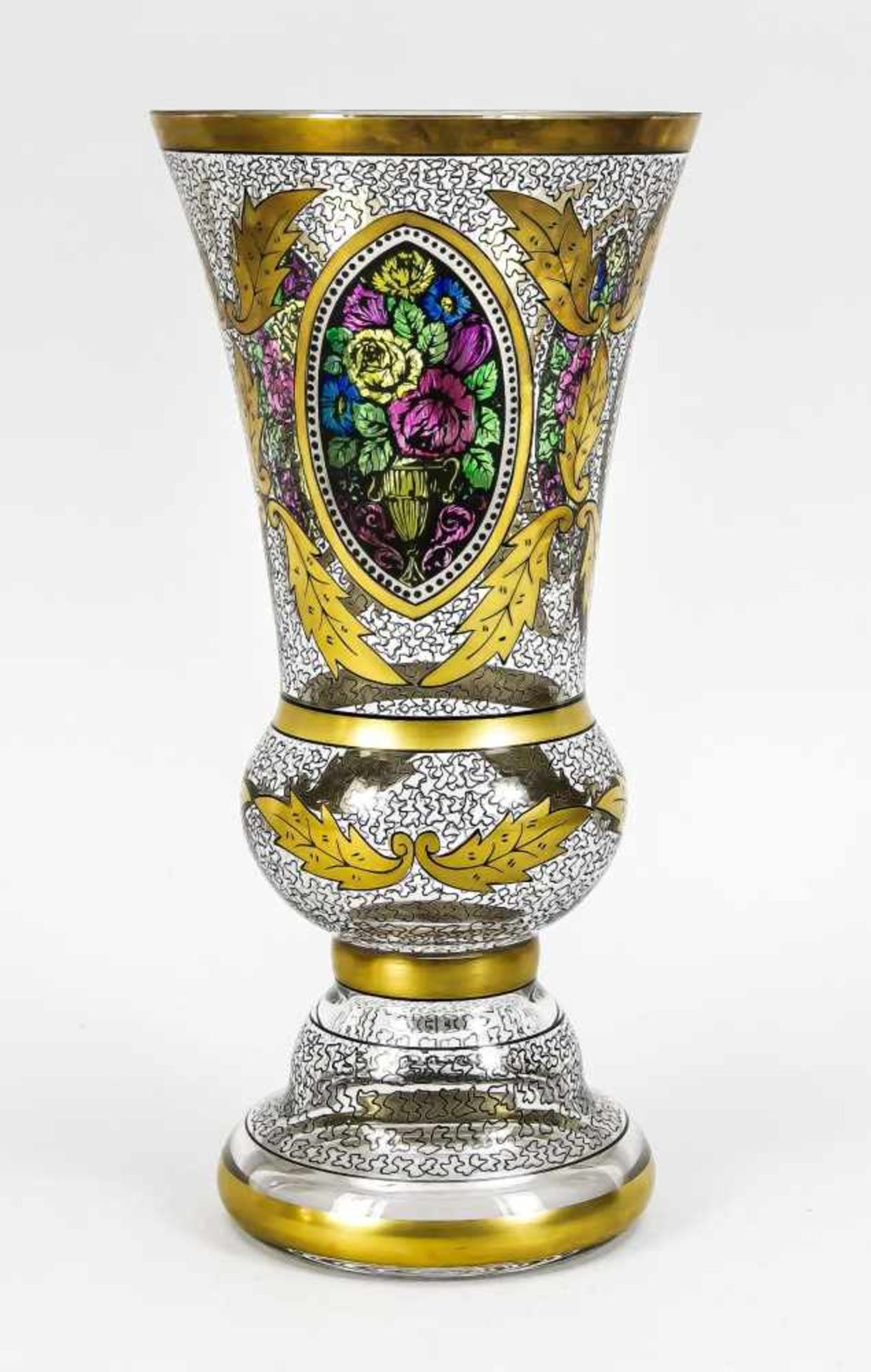Large vase, early 20th century, probably Steinschönau glass school, round domed stand,<