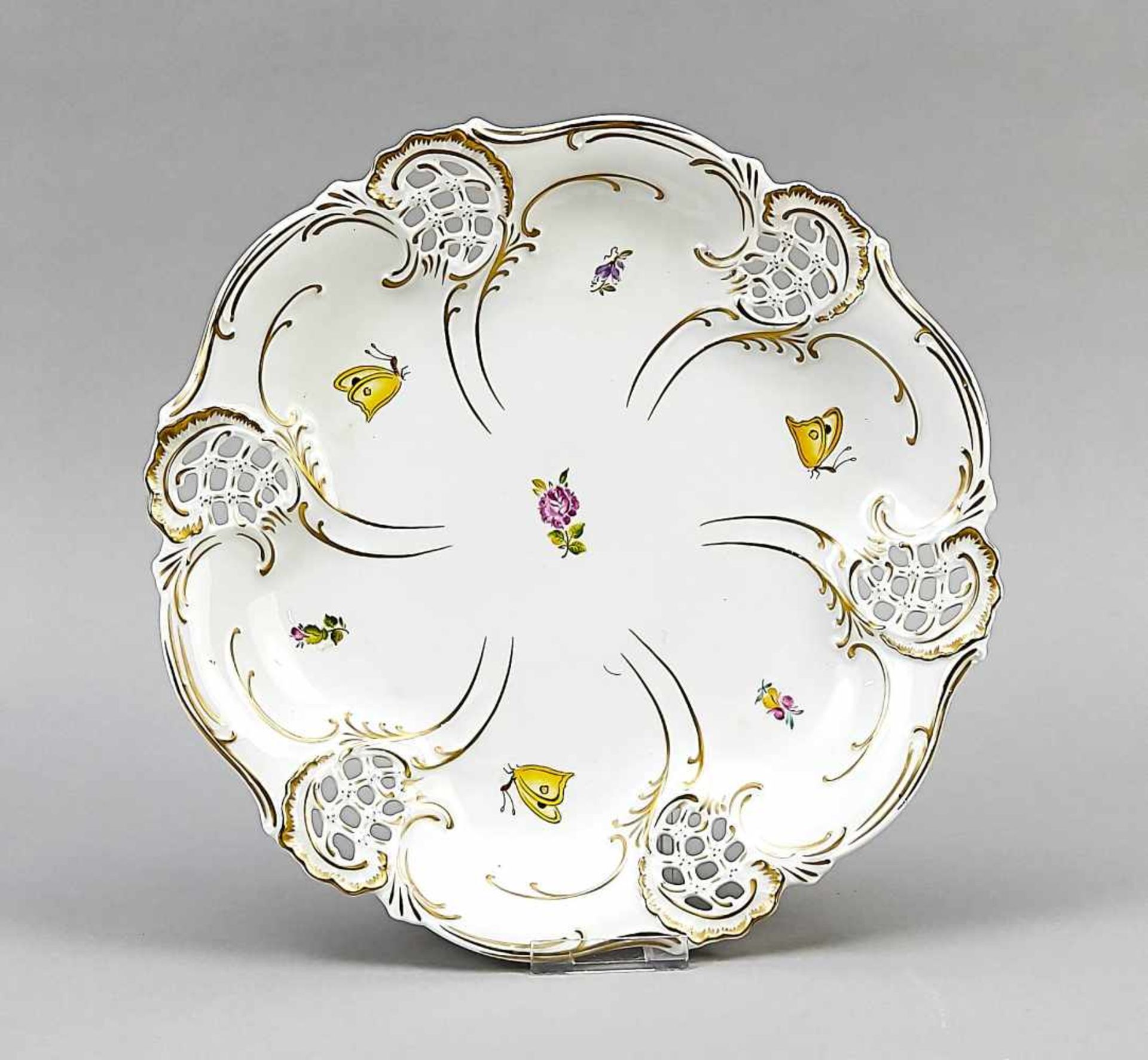 Splendid plate with butterfly, Meissen-imitation mark, curved shape, polychrome painting