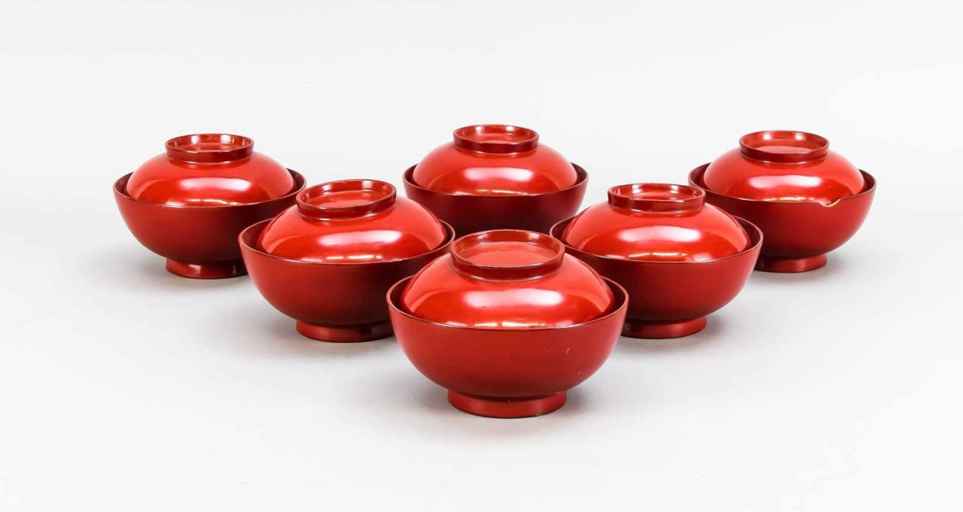 6 Negoro Lacquered Lidded Bowls, Japan, probably 19th C. Red and black Urushi lacquer on a