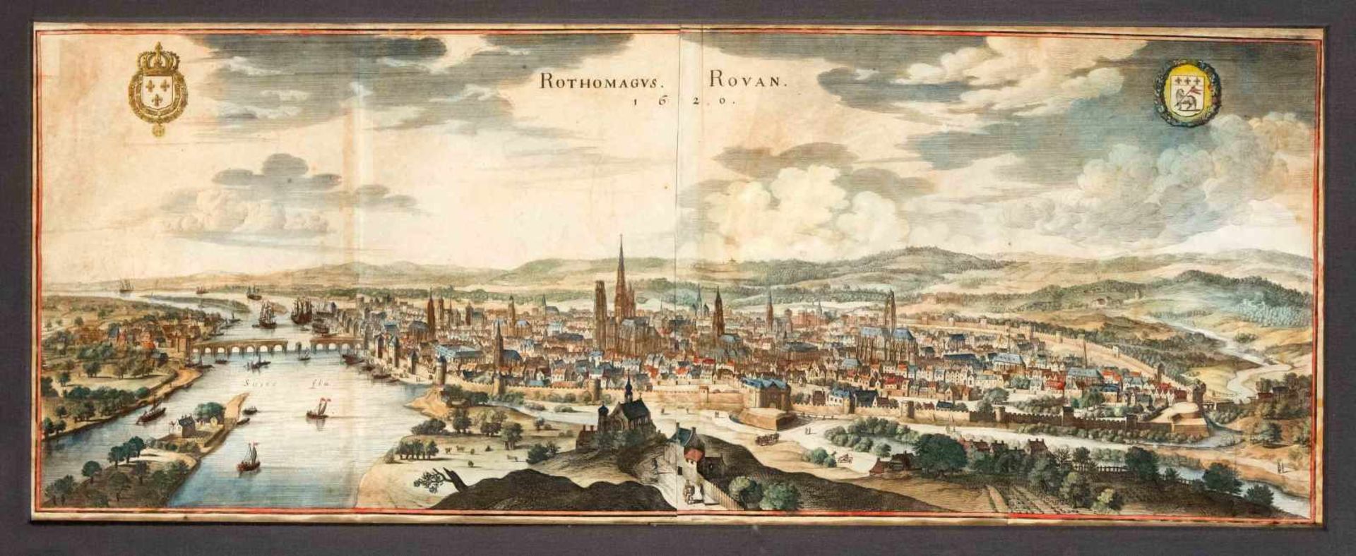 Rouen - large panorama ''Rothomagus Rovan 1620'', col. Etching from Merian around 1650, with