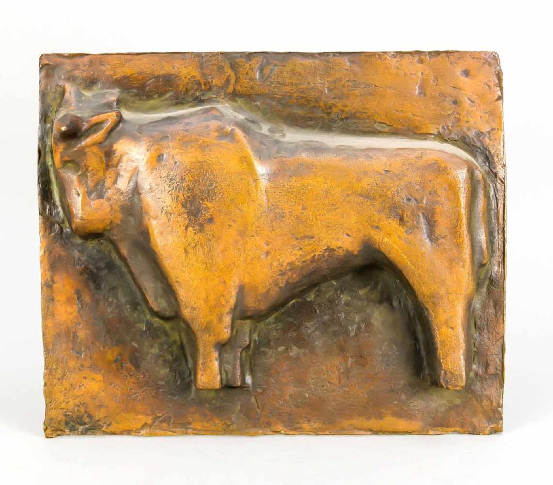 Anonymous sculptor around 1970, stylized bull, patinated bronze, unsigned, wall hanging,