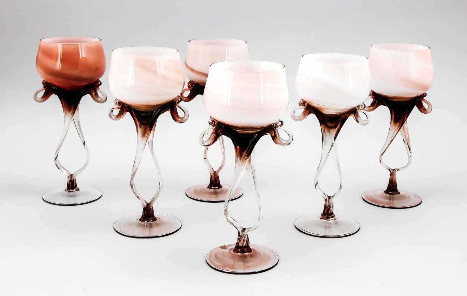 Six red wine glasses, 2nd half of the 20th century, round stand (1 dam.), stem made of