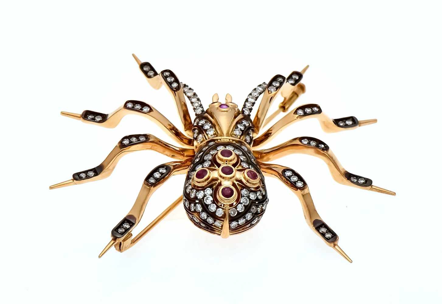 Ruby old cut diamond brooch spider RG 585/000 (Russia 56 hallmarked) with 126 old cut - Image 2 of 2