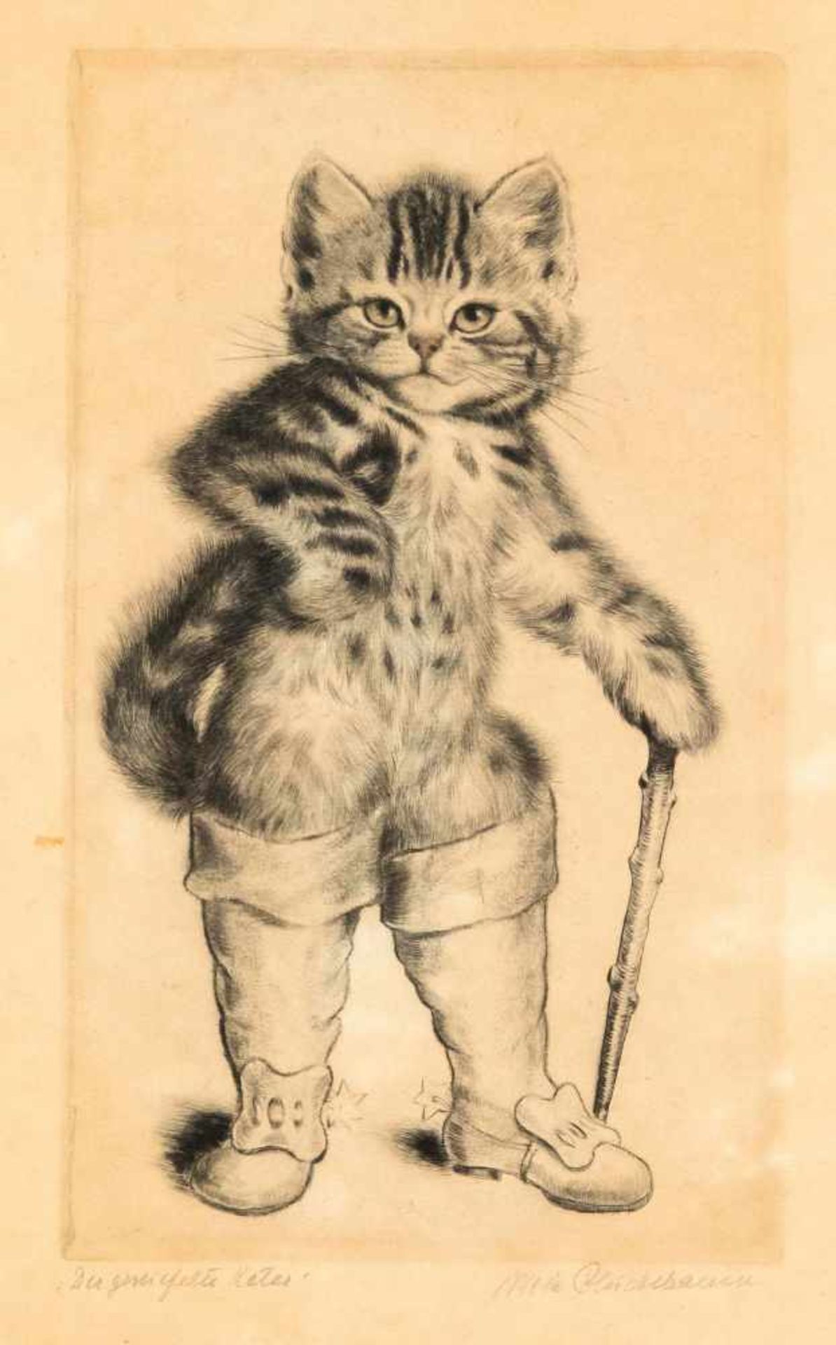 Meta Plückebaum (1876-1945), ''The Booted Cat'', etching with drypoint on wove paper, and a.<