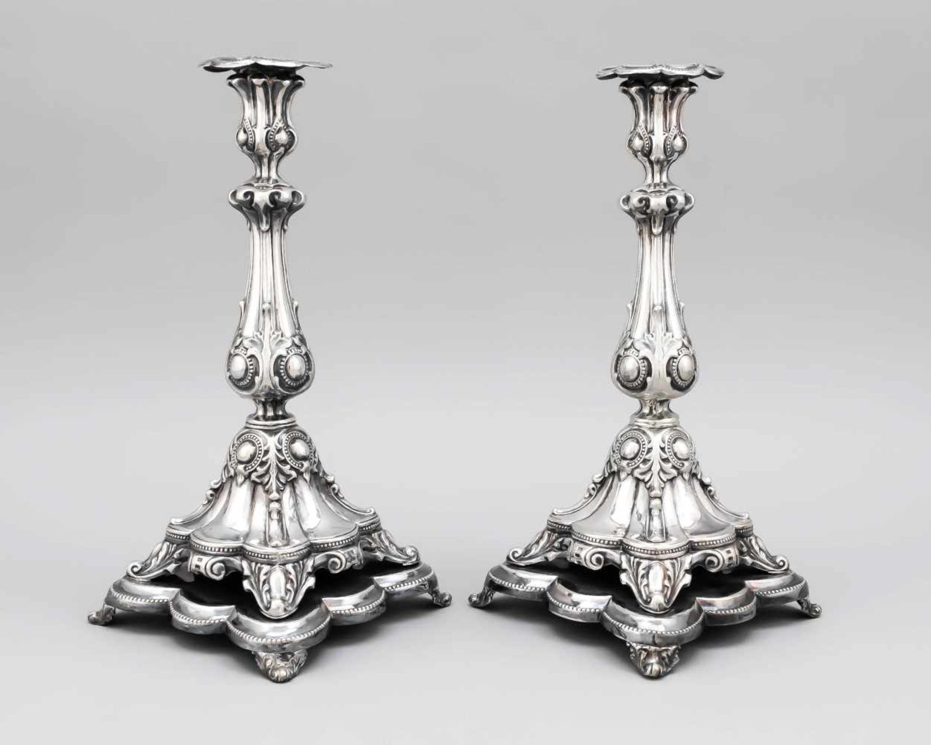 A pair of historicism candlesticks, presumably German, end of the 19th century, silver 12