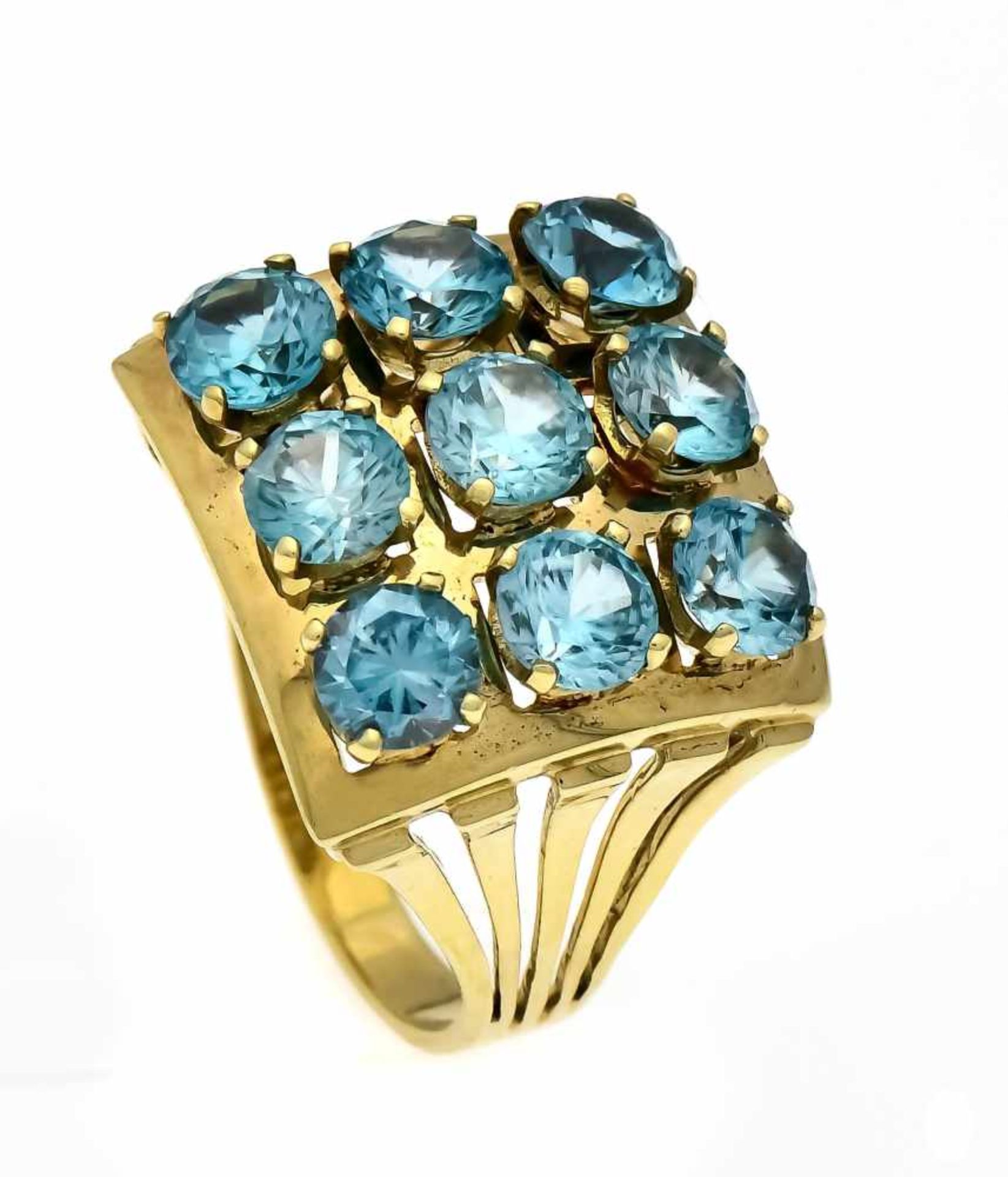 Zircon ring GG 585/000 with 9 round fac., Blue zircon 5 mm in good color, ring size 60,