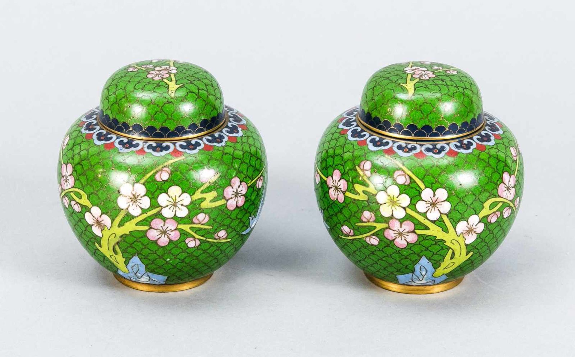 A pair of Cloisonné lid pots, China, 1st half of the 20th century, wall and lid with bird<