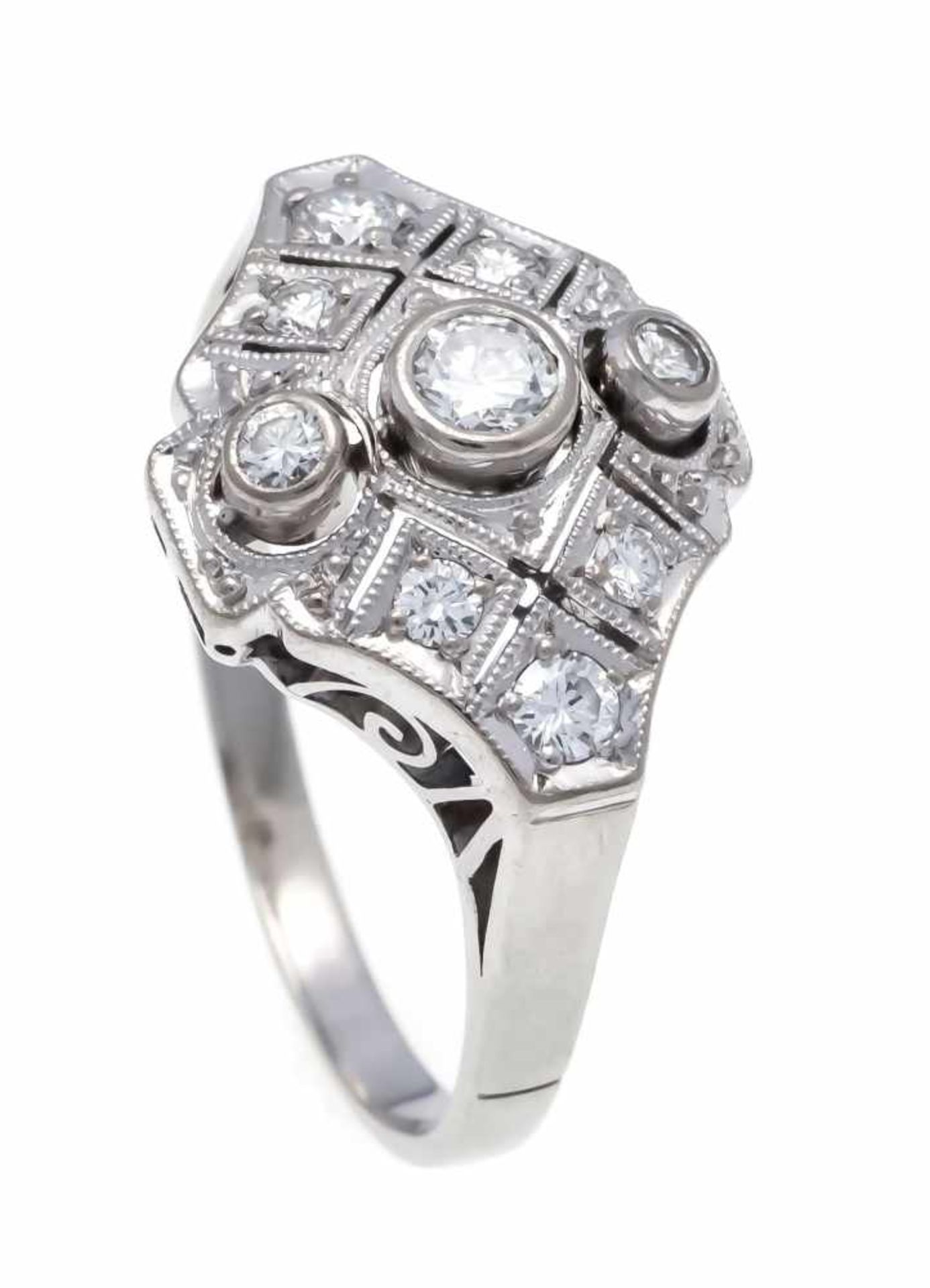 Art Deco diamond ring WG 585/000 with 9 brilliants, total 0.40 ct TW / VVS-VS, RG 59, 5.4