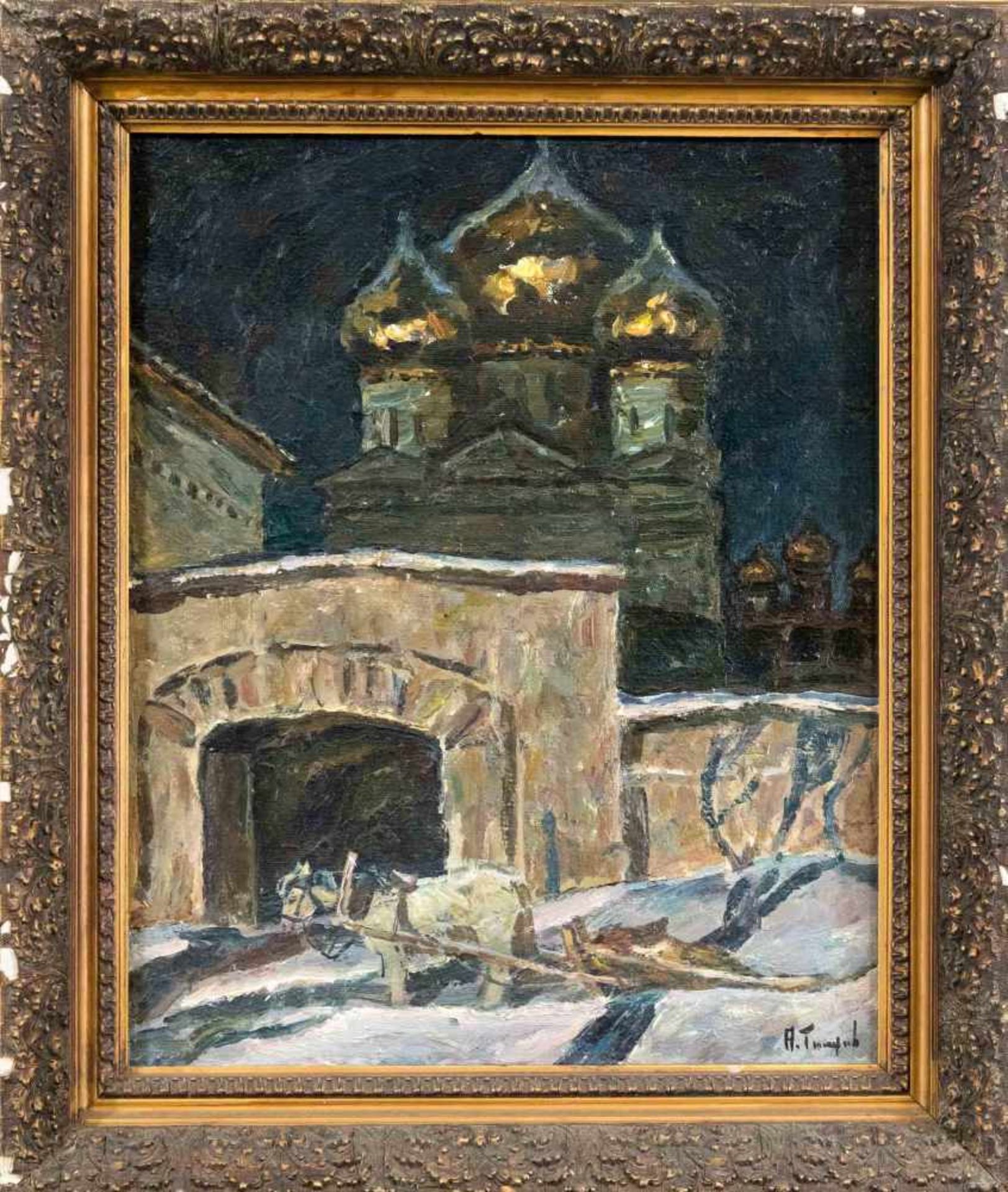 Timoveev, Russian painter late 20th century, horse in front of a gate in snowy landscape