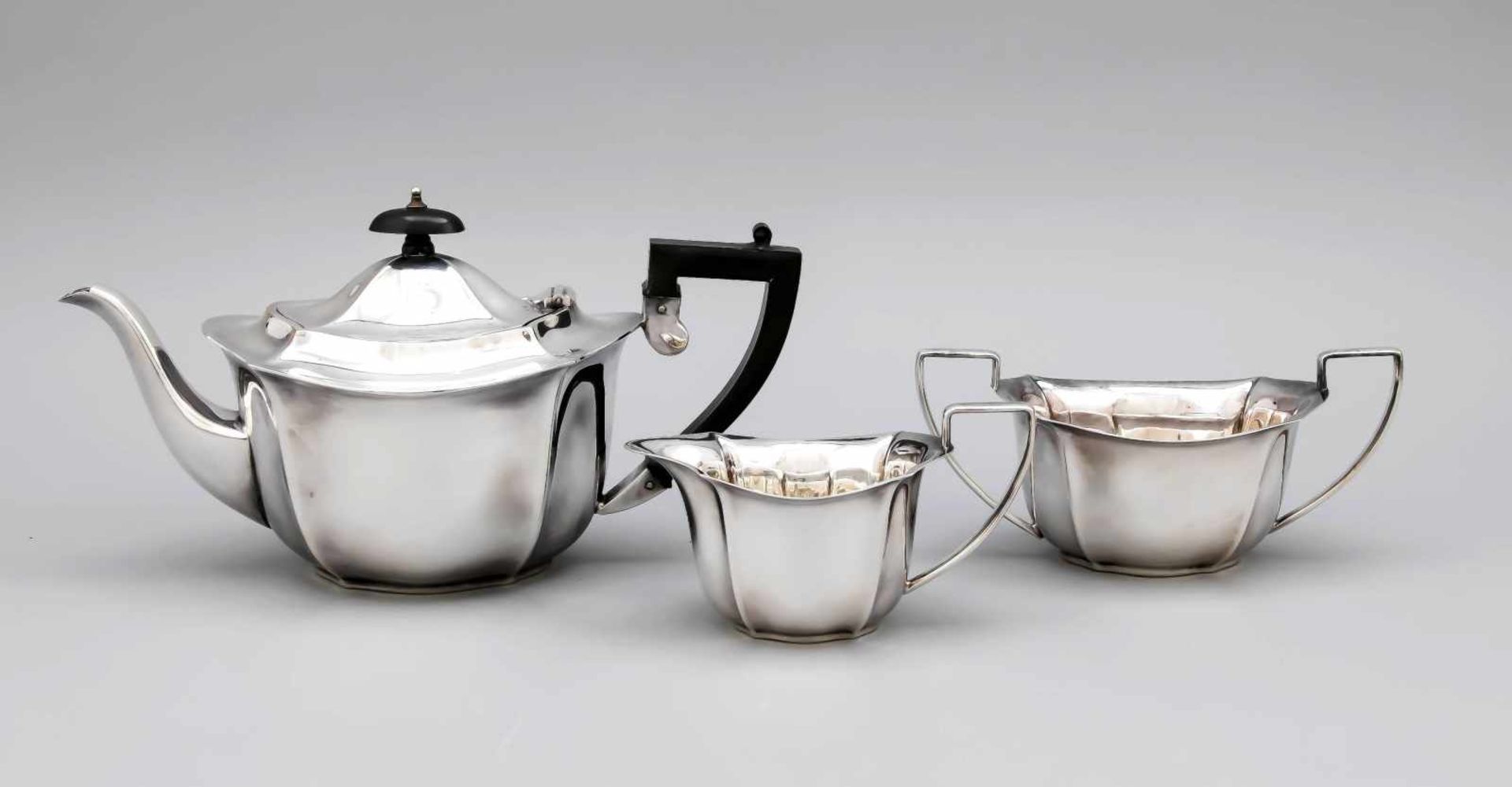 Three-piece tea set, England, 20th century, plated, oval, curved stand, smooth body, wall