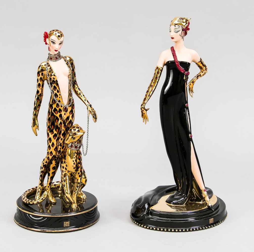 Two ladies figures, Franklin Mint, House of Erté, 1990s, lim. Edition, Leopard woman, No.M 1924,