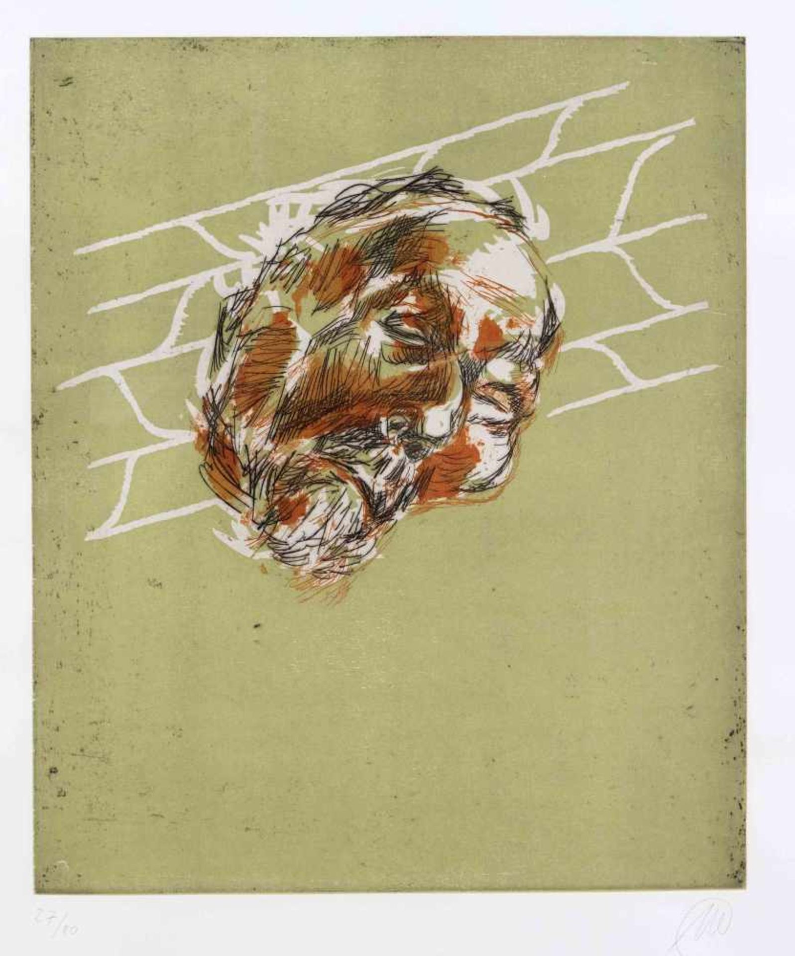 Markus Lüpertz (* 1941), Heinrich Heine death mask, large aquatint etching with drypointand woodcut,